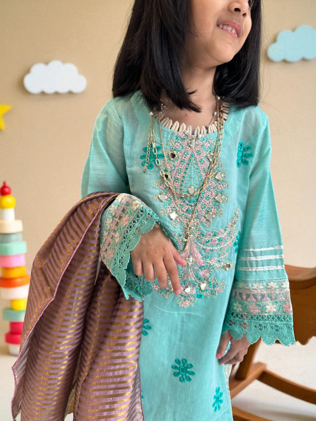 Mint Embroidered Shirt with Woven Dupatta | Kids | KZ014