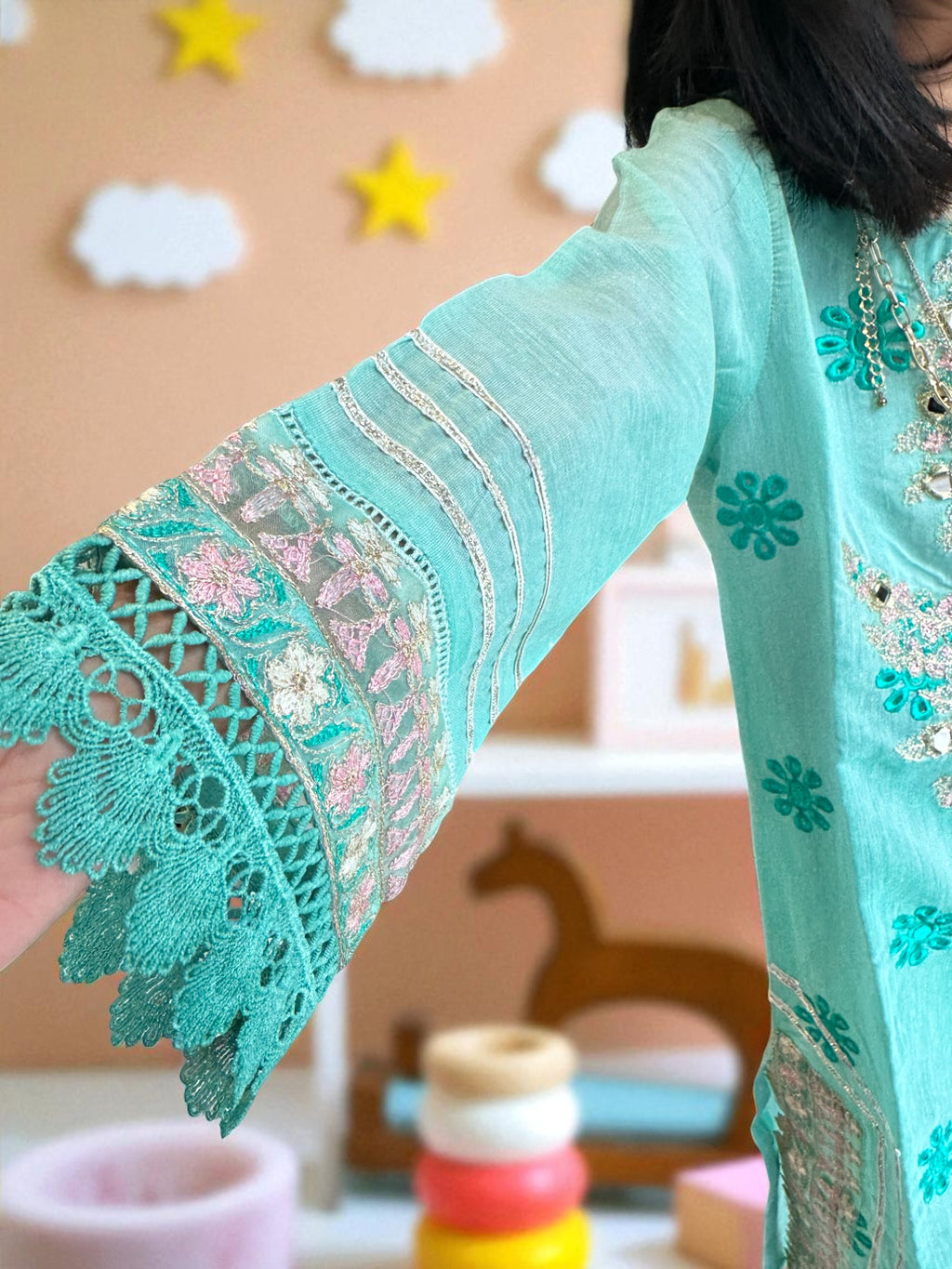 Mint Embroidered Shirt with Woven Dupatta | Kids | KZ014