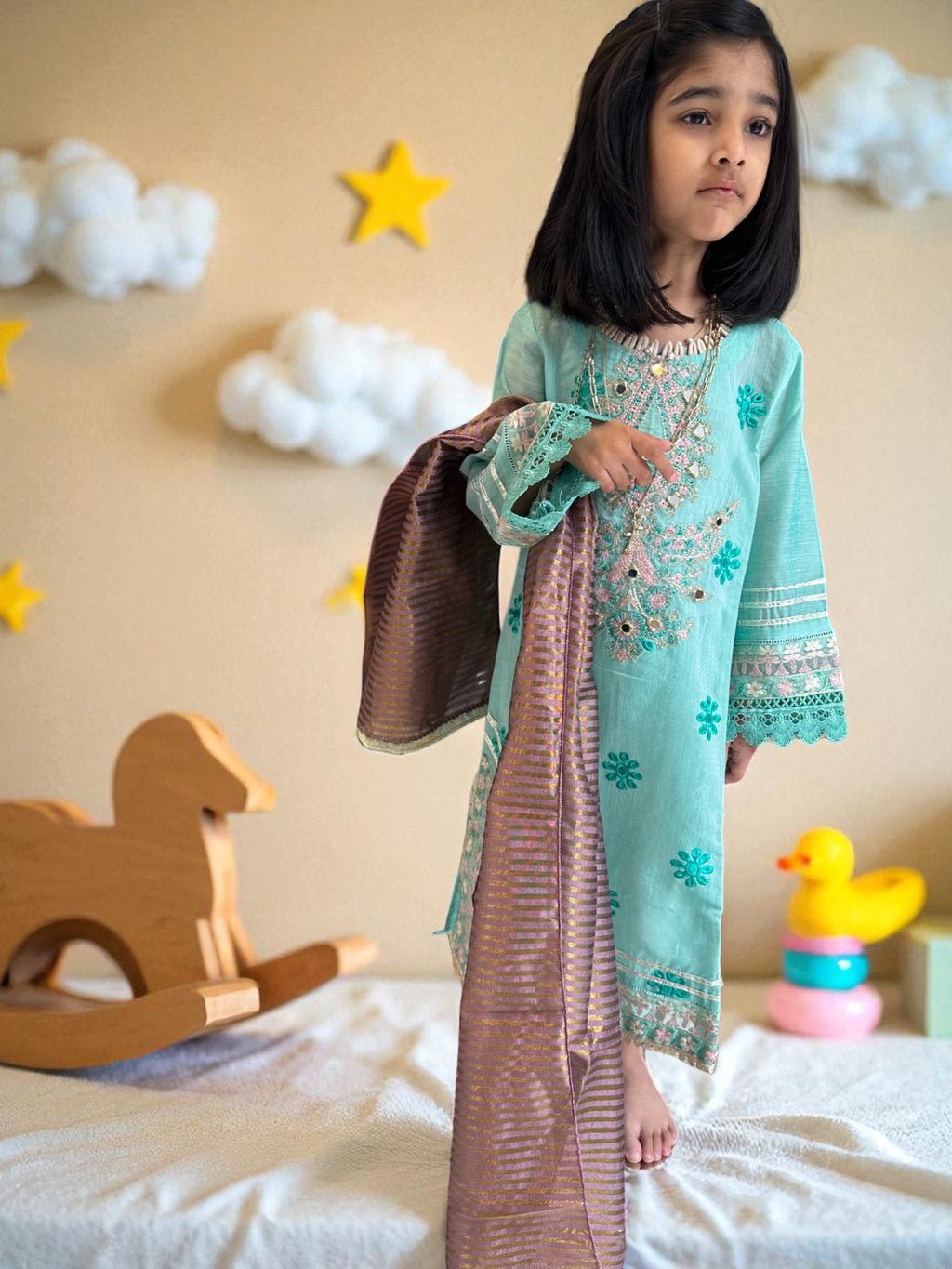 Mint Embroidered Shirt with Woven Dupatta | Kids | KZ014