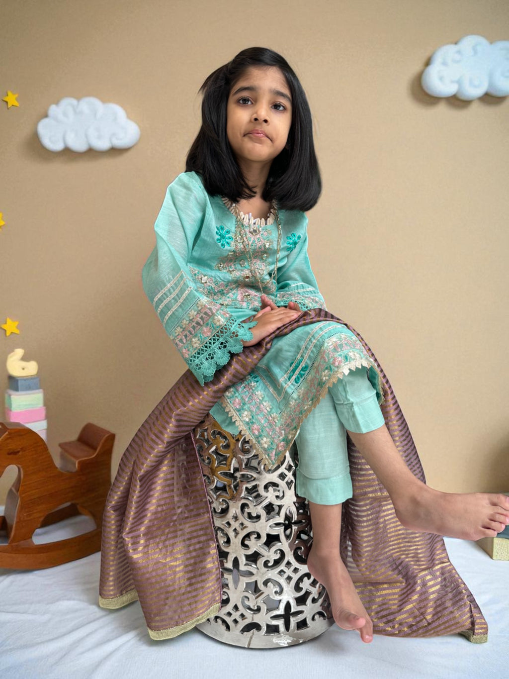 Mint Embroidered Shirt with Woven Dupatta | Kids | KZ014