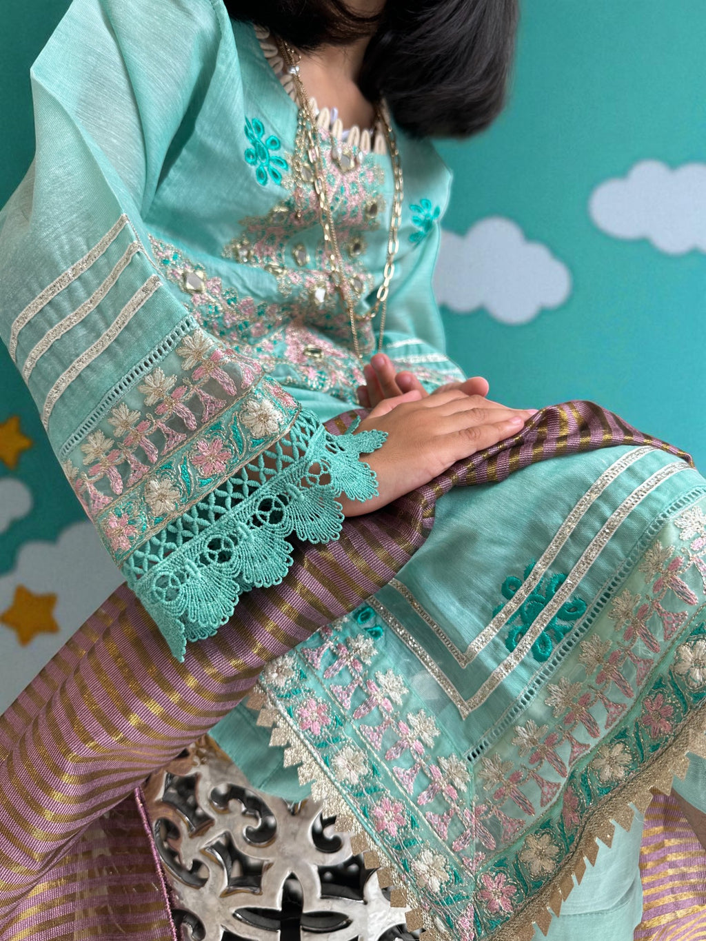 Mint Embroidered Shirt with Woven Dupatta | Kids | KZ014