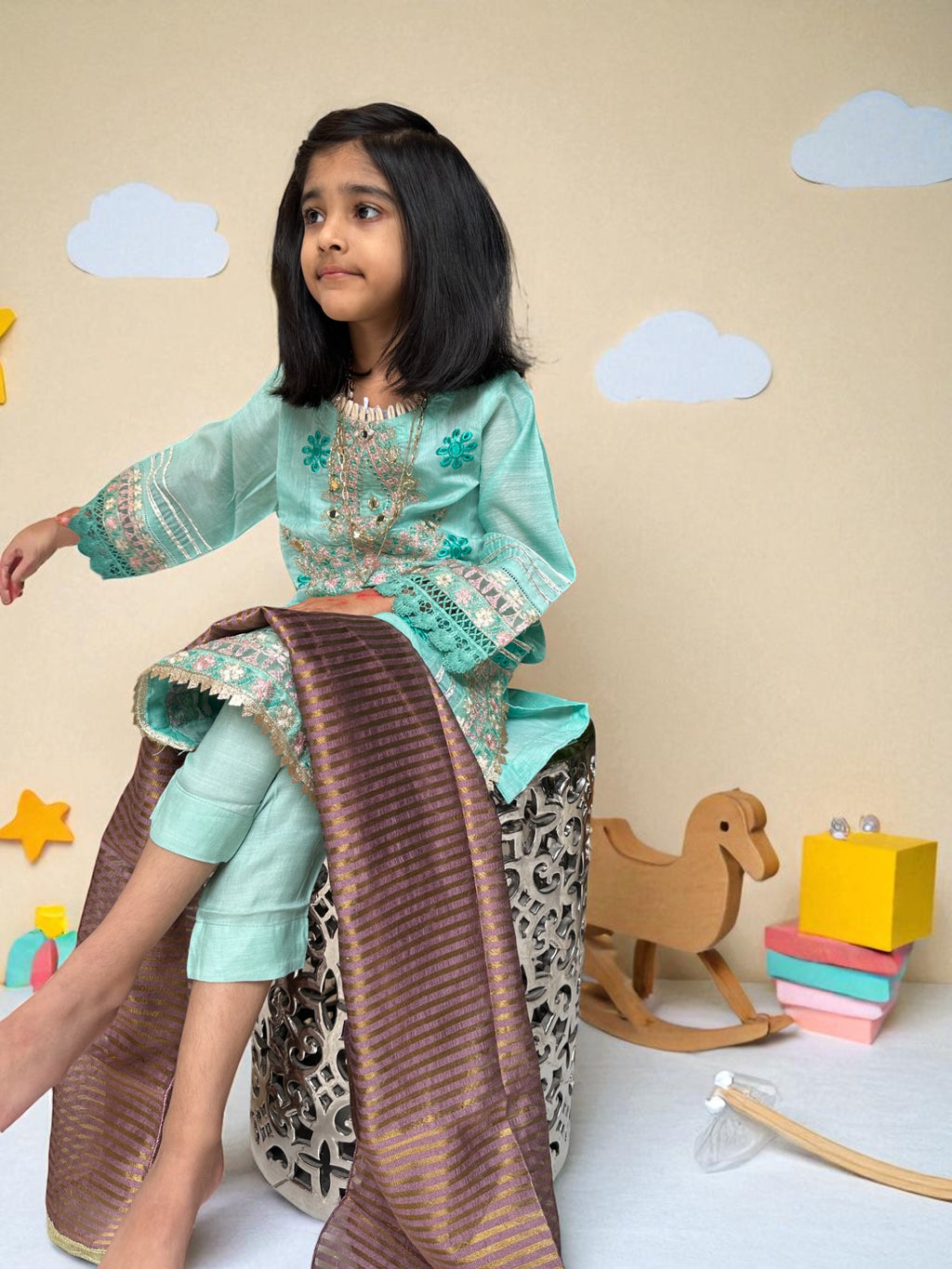 Mint Embroidered Shirt with Woven Dupatta | Kids | KZ014