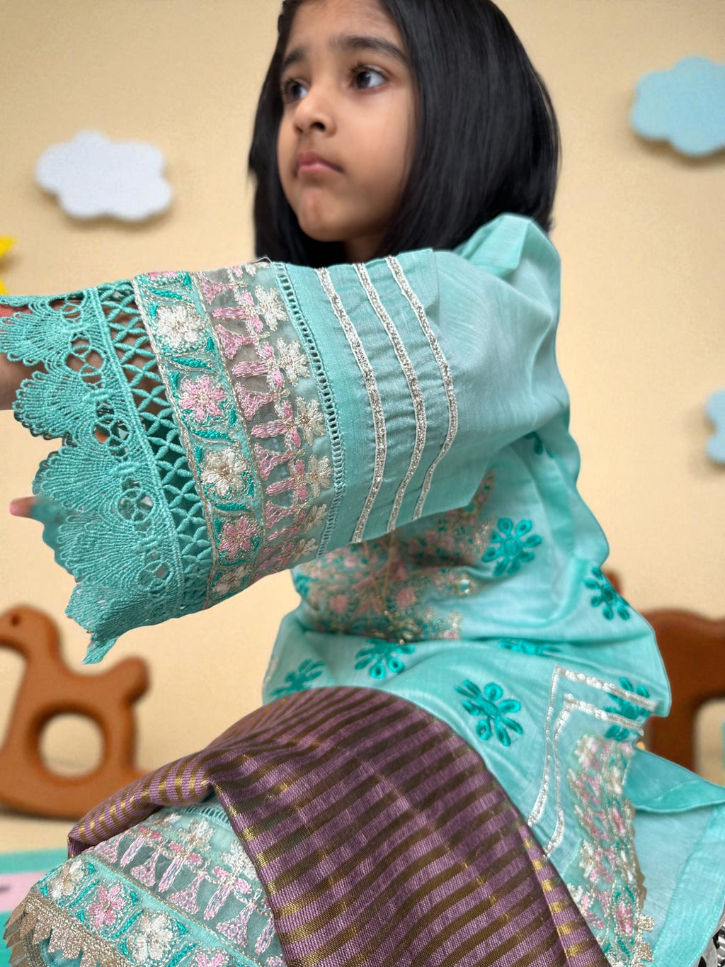 Mint Embroidered Shirt with Woven Dupatta | Kids | KZ014