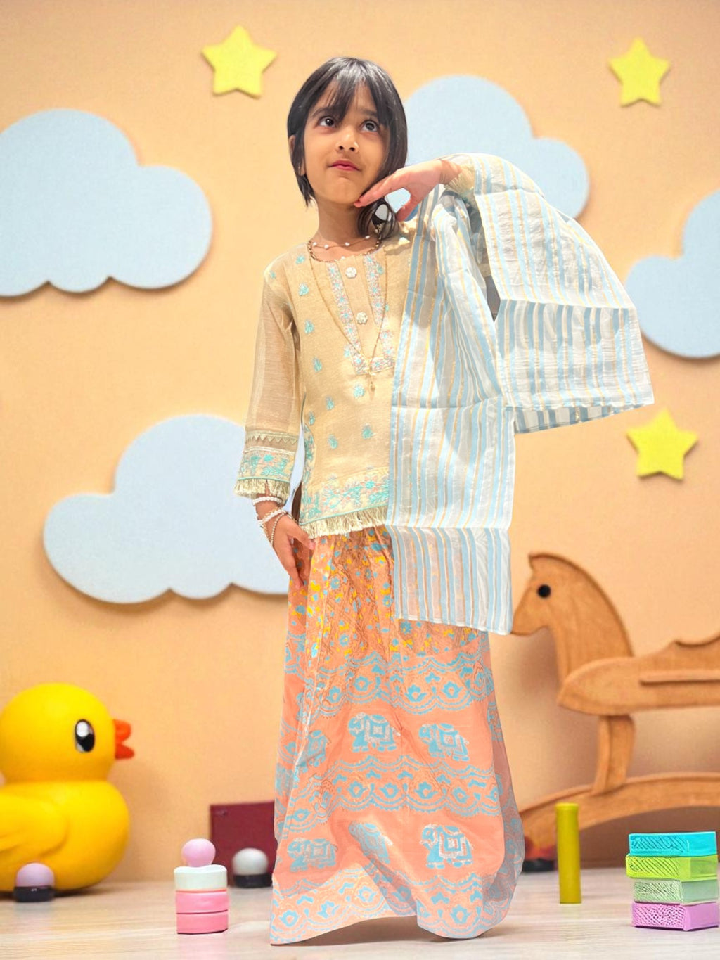 Block Print Lengha 3 Piece Outfit | Kids | KZ015