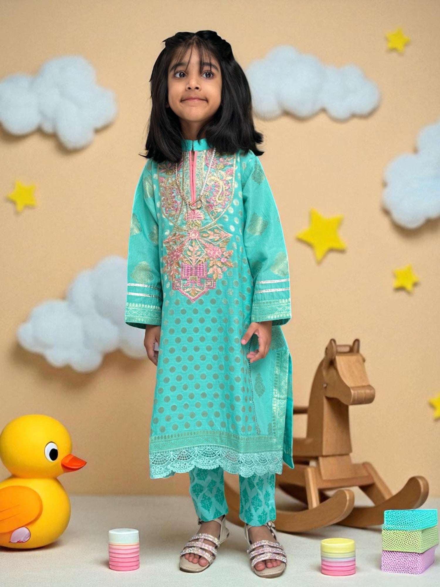 Polka Dot Embroidered Kurta 3 Piece Outfit | Kids | KZ016
