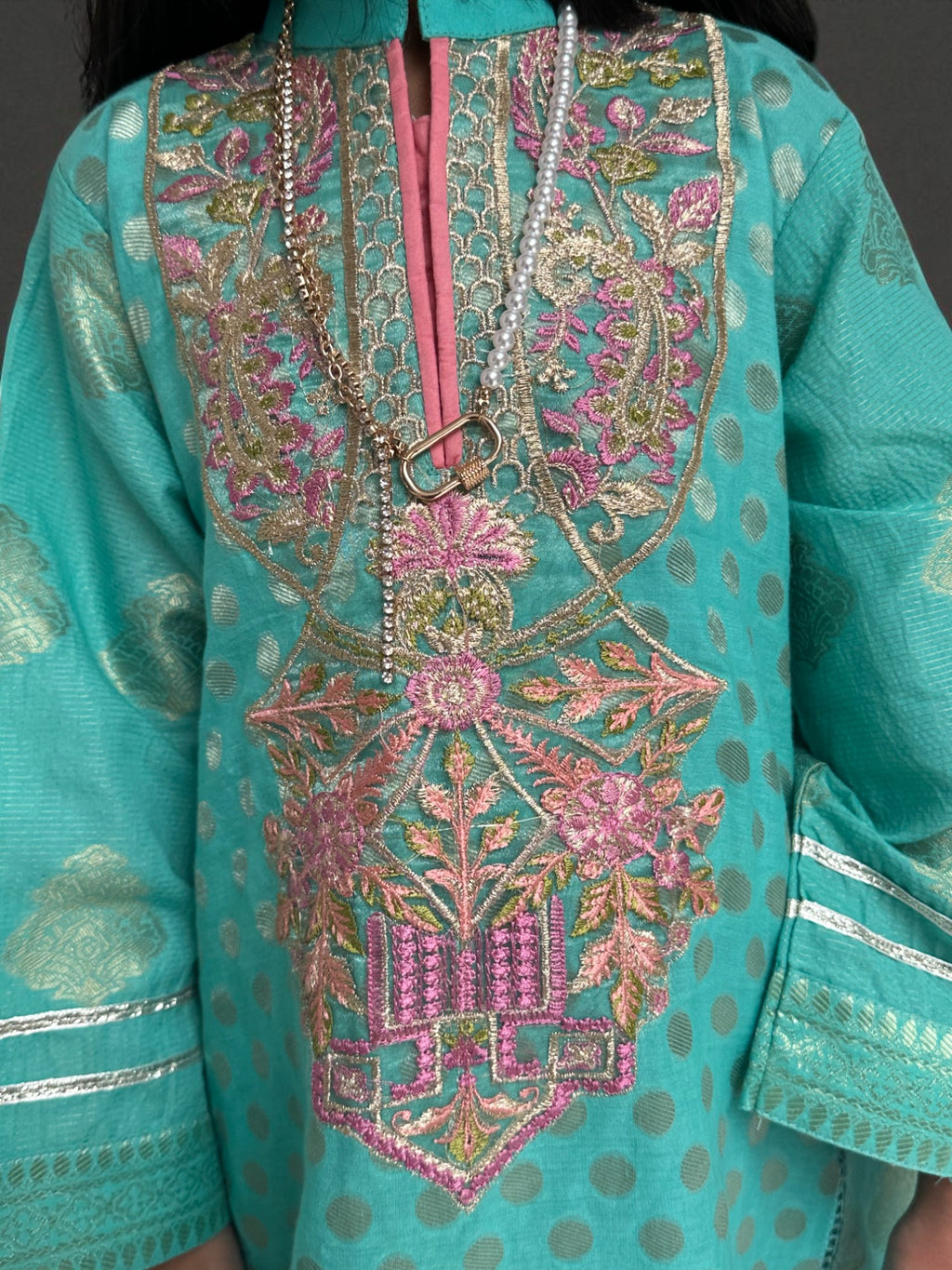 Polka Dot Embroidered Kurta 3 Piece Outfit | Kids | KZ016