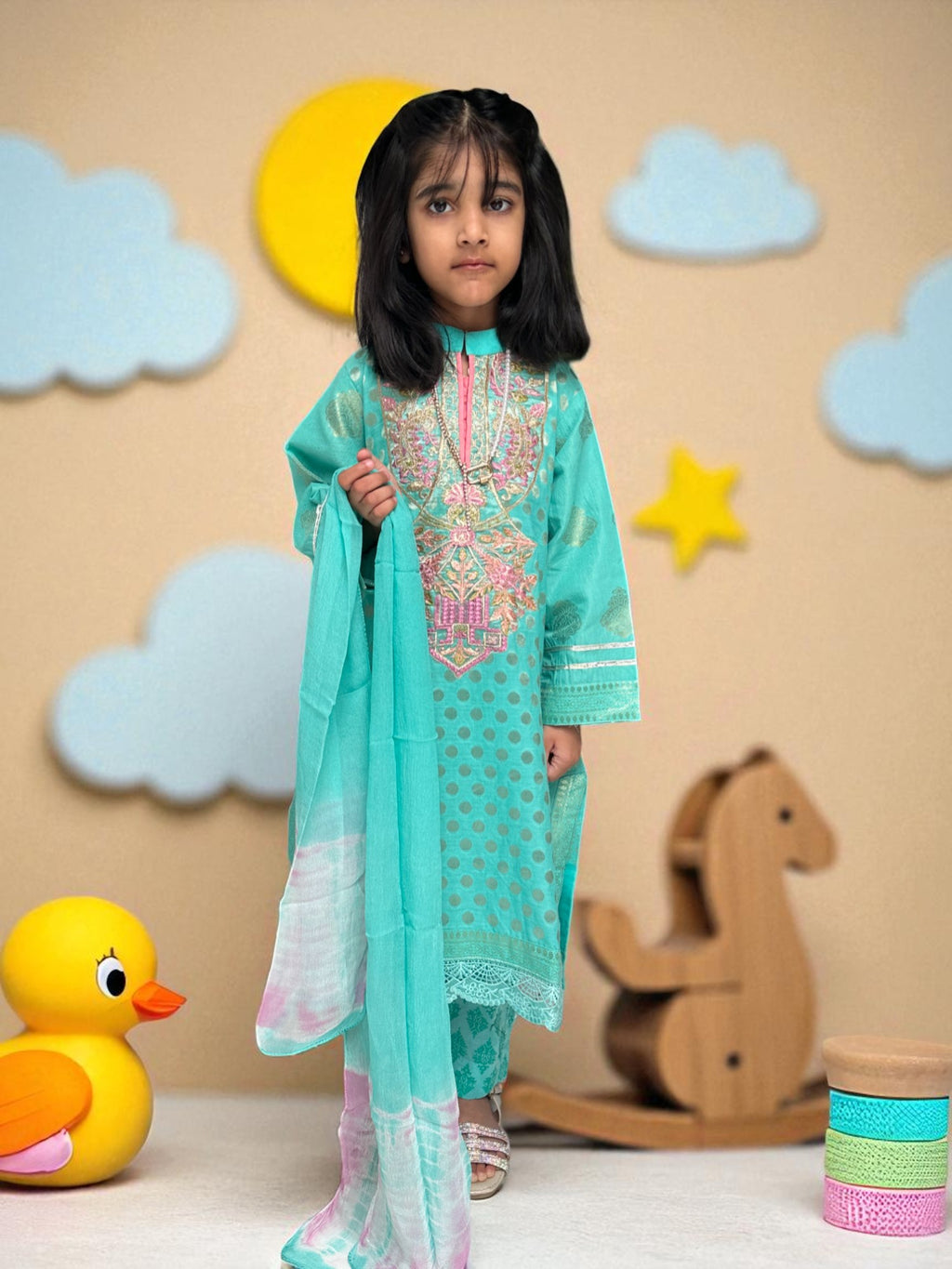 Polka Dot Embroidered Kurta 3 Piece Outfit | Kids | KZ016
