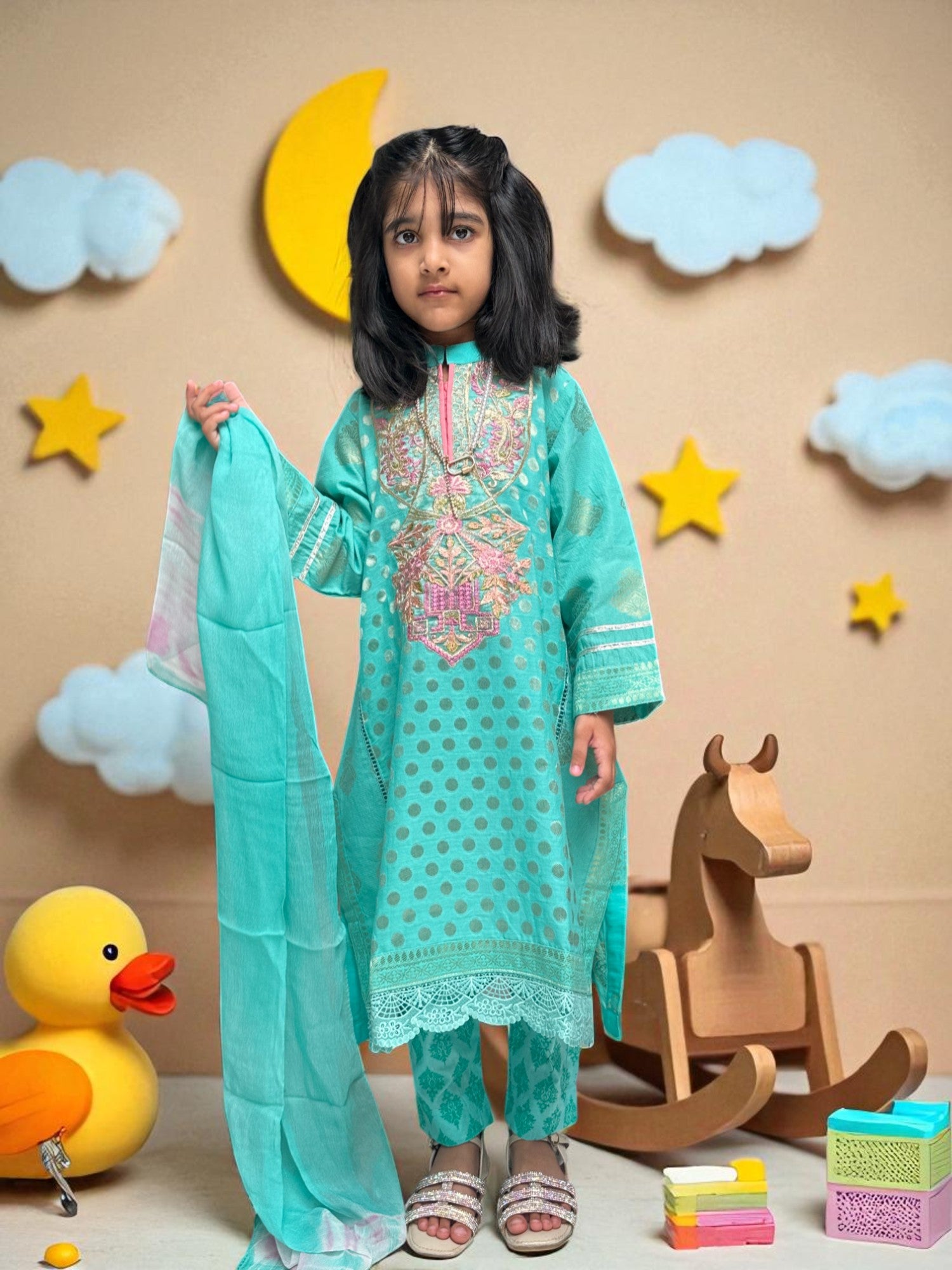 Polka Dot Embroidered Kurta 3 Piece Outfit | Kids | KZ016