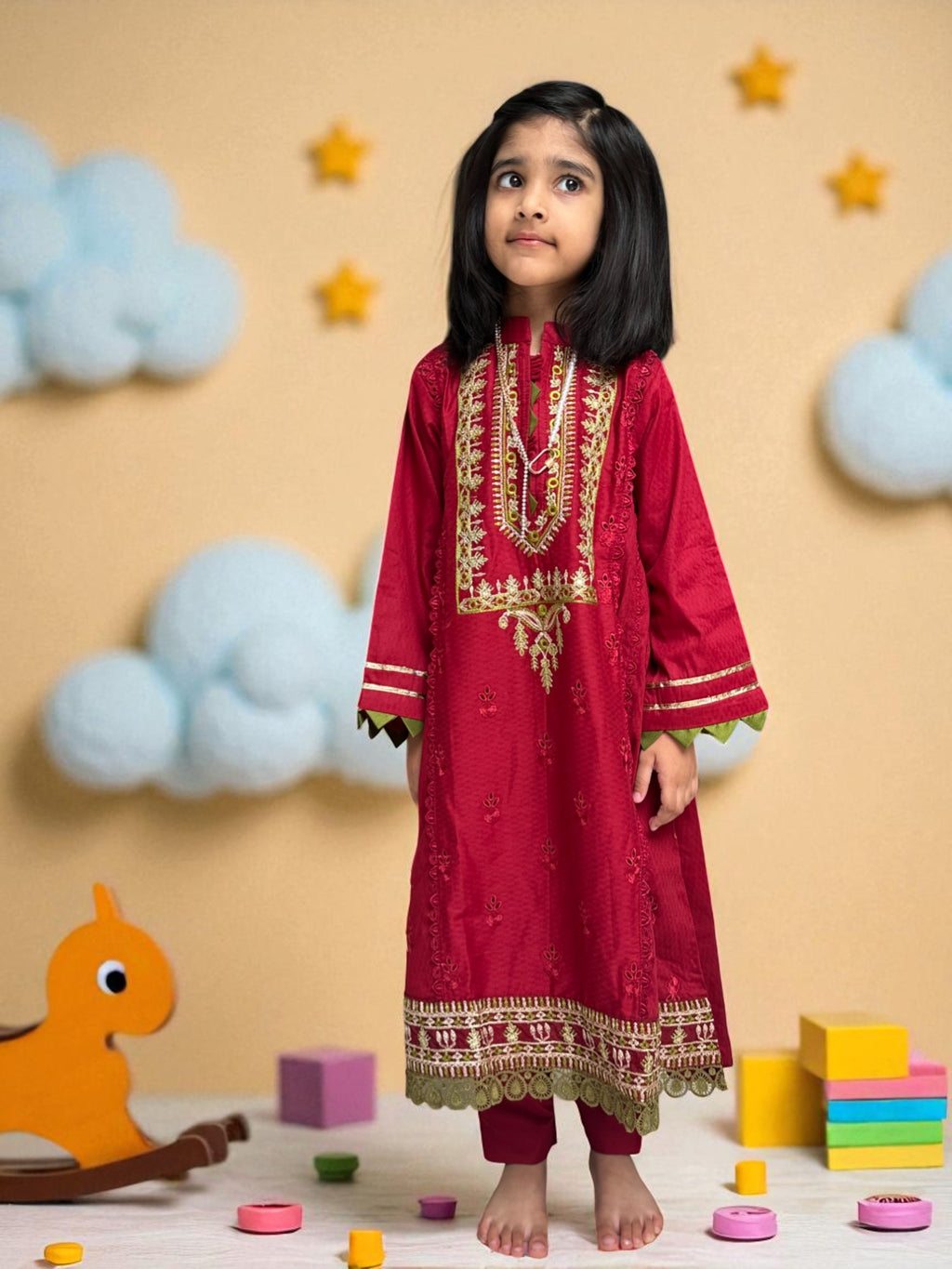 Maroon Embroidered Frock 3 Piece Suit | Kids | KZ017