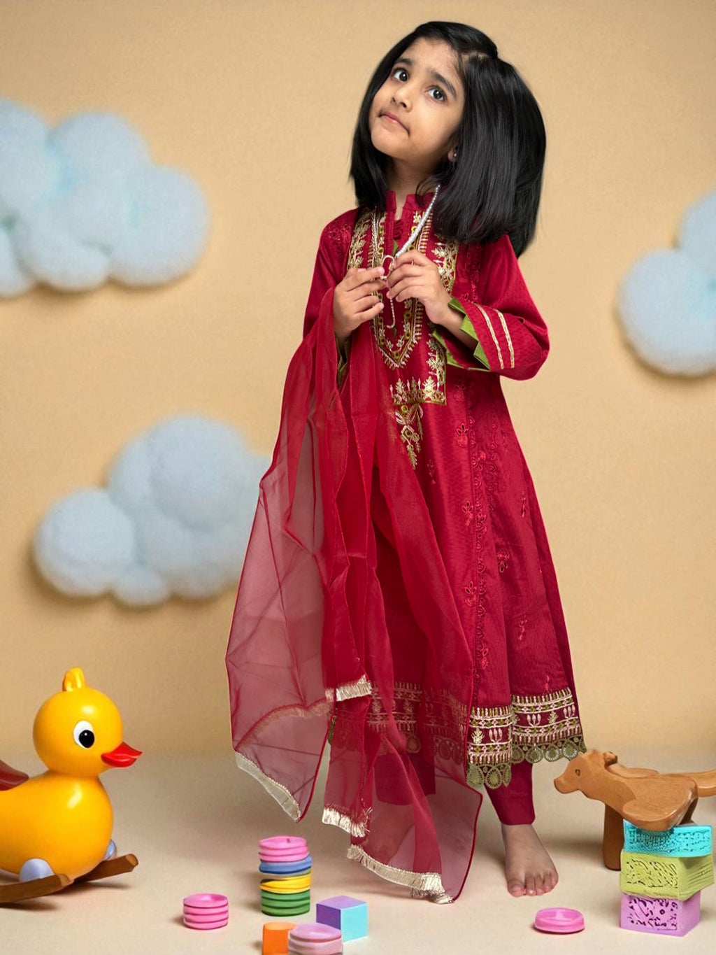 Maroon Embroidered Frock 3 Piece Suit | Kids | KZ017