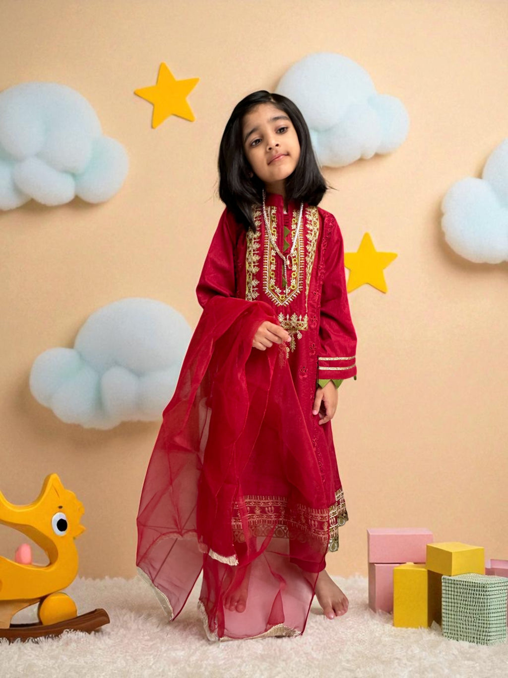 Maroon Embroidered Frock 3 Piece Suit | Kids | KZ017