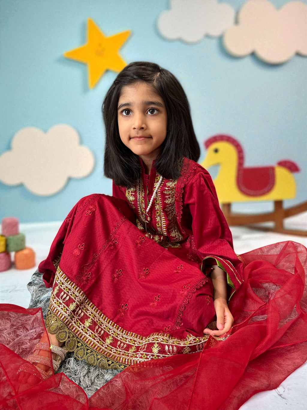 Maroon Embroidered Frock 3 Piece Suit | Kids | KZ017