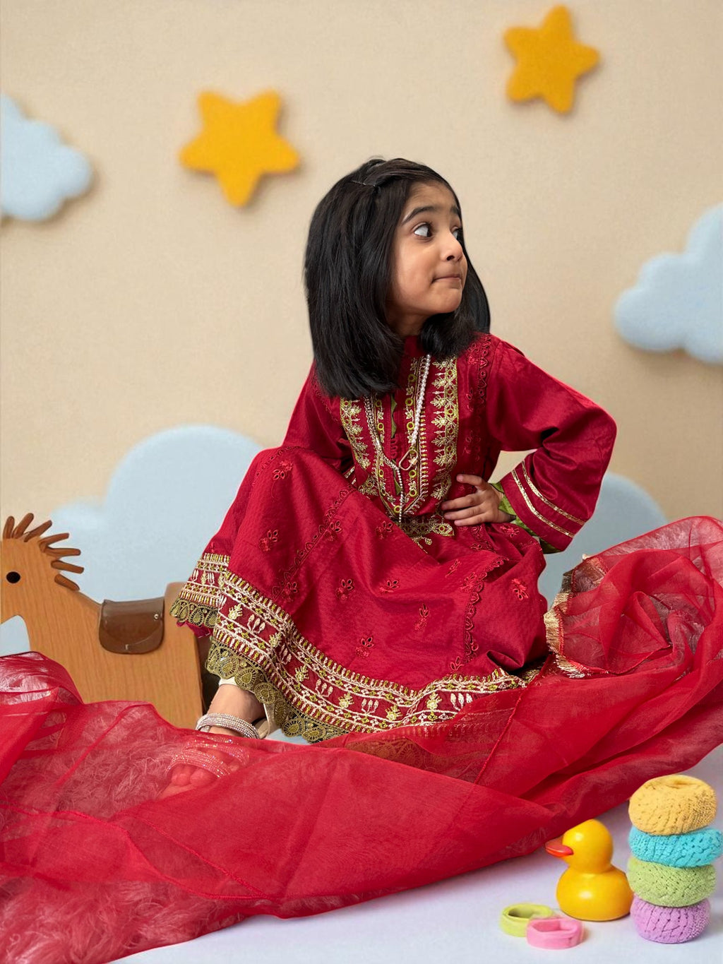 Maroon Embroidered Frock 3 Piece Suit | Kids | KZ017