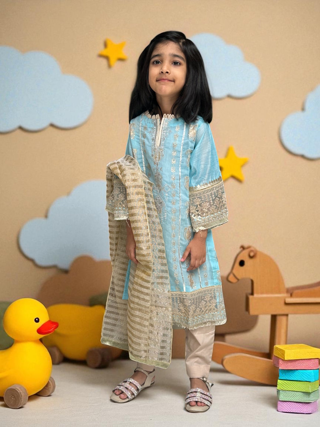Light Blue Embroidered Kurta 3 Piece Suit | Kids | KZ018