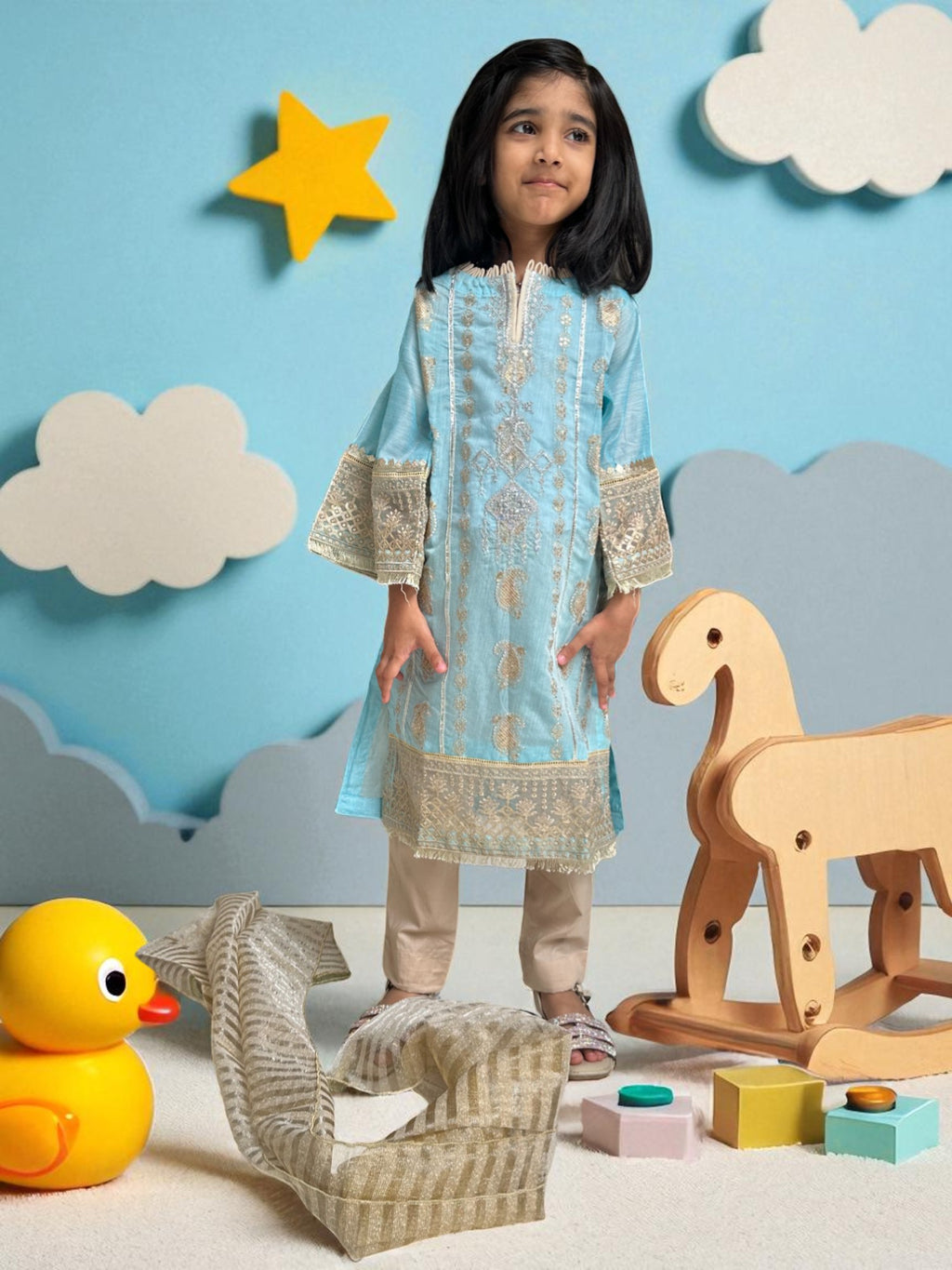 Light Blue Embroidered Kurta 3 Piece Suit | Kids | KZ018