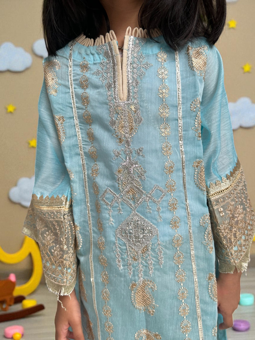 Light Blue Embroidered Kurta 3 Piece Suit | Kids | KZ018