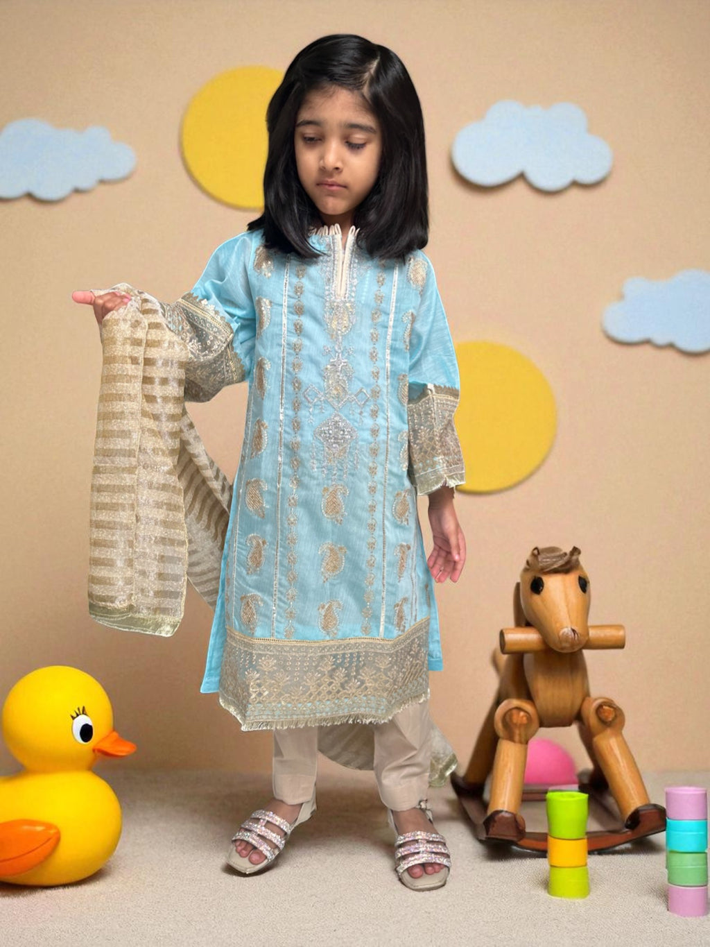 Light Blue Embroidered Kurta 3 Piece Suit | Kids | KZ018