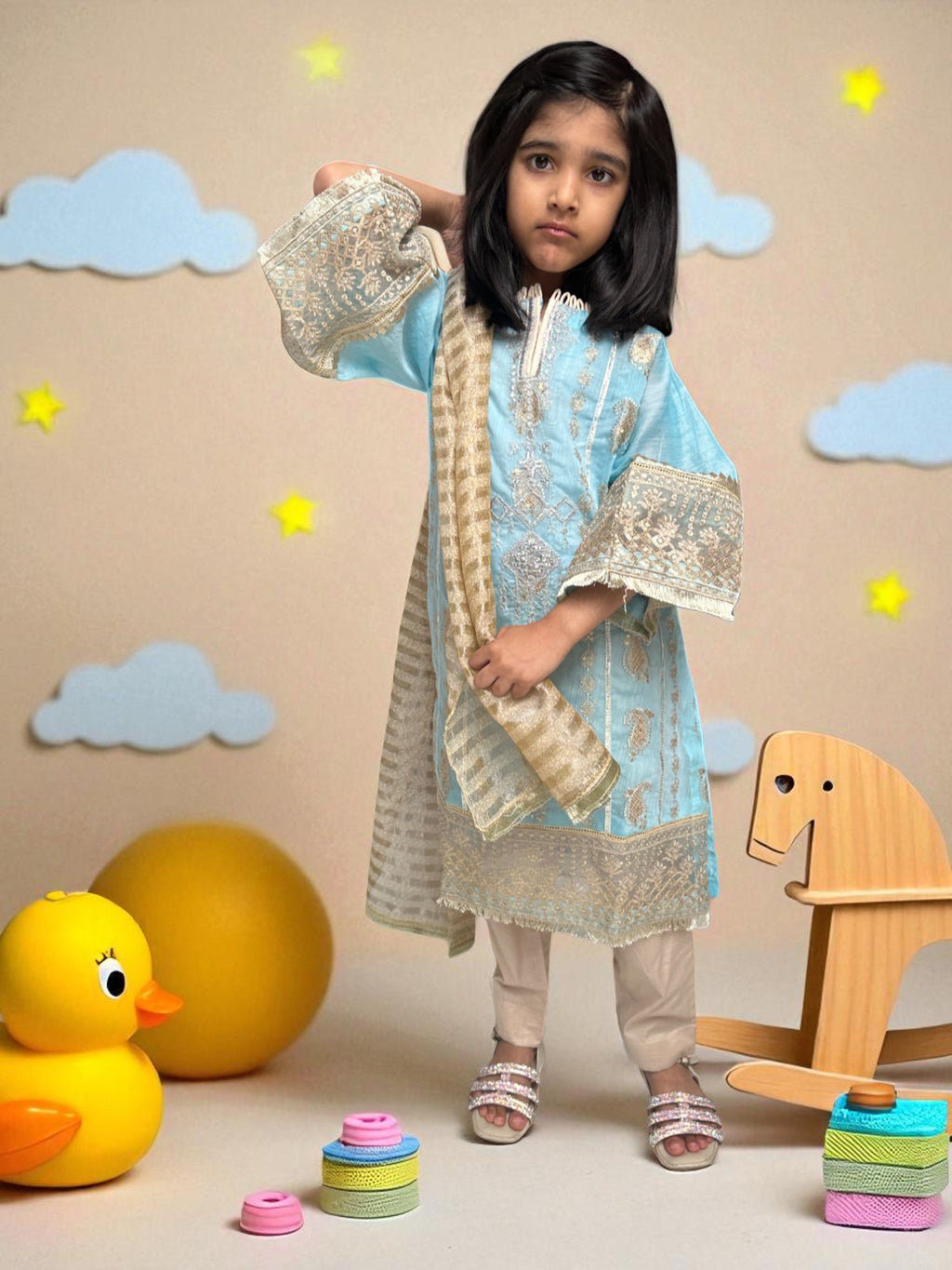 Light Blue Embroidered Kurta 3 Piece Suit | Kids | KZ018