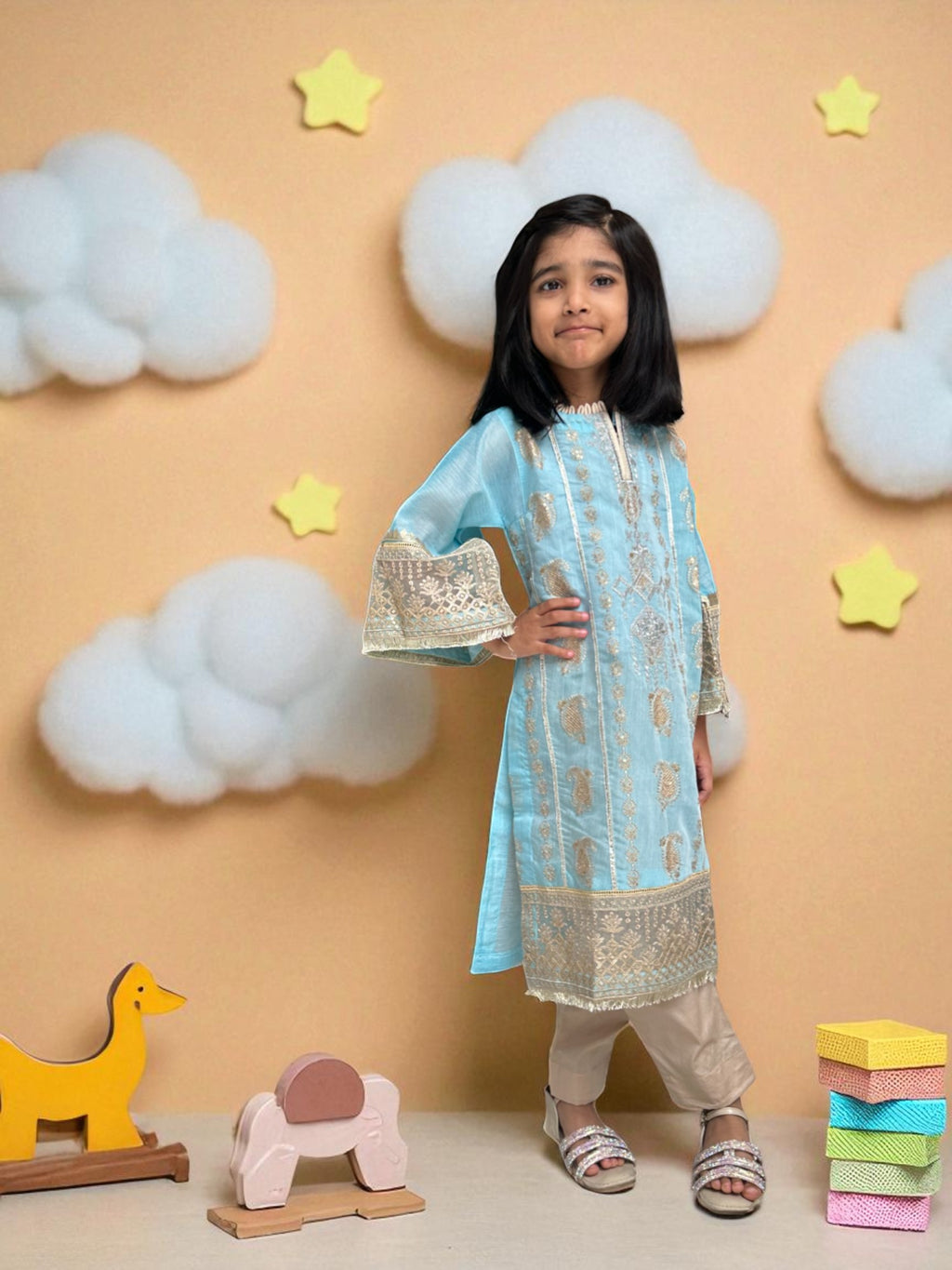 Light Blue Embroidered Kurta 3 Piece Suit | Kids | KZ018