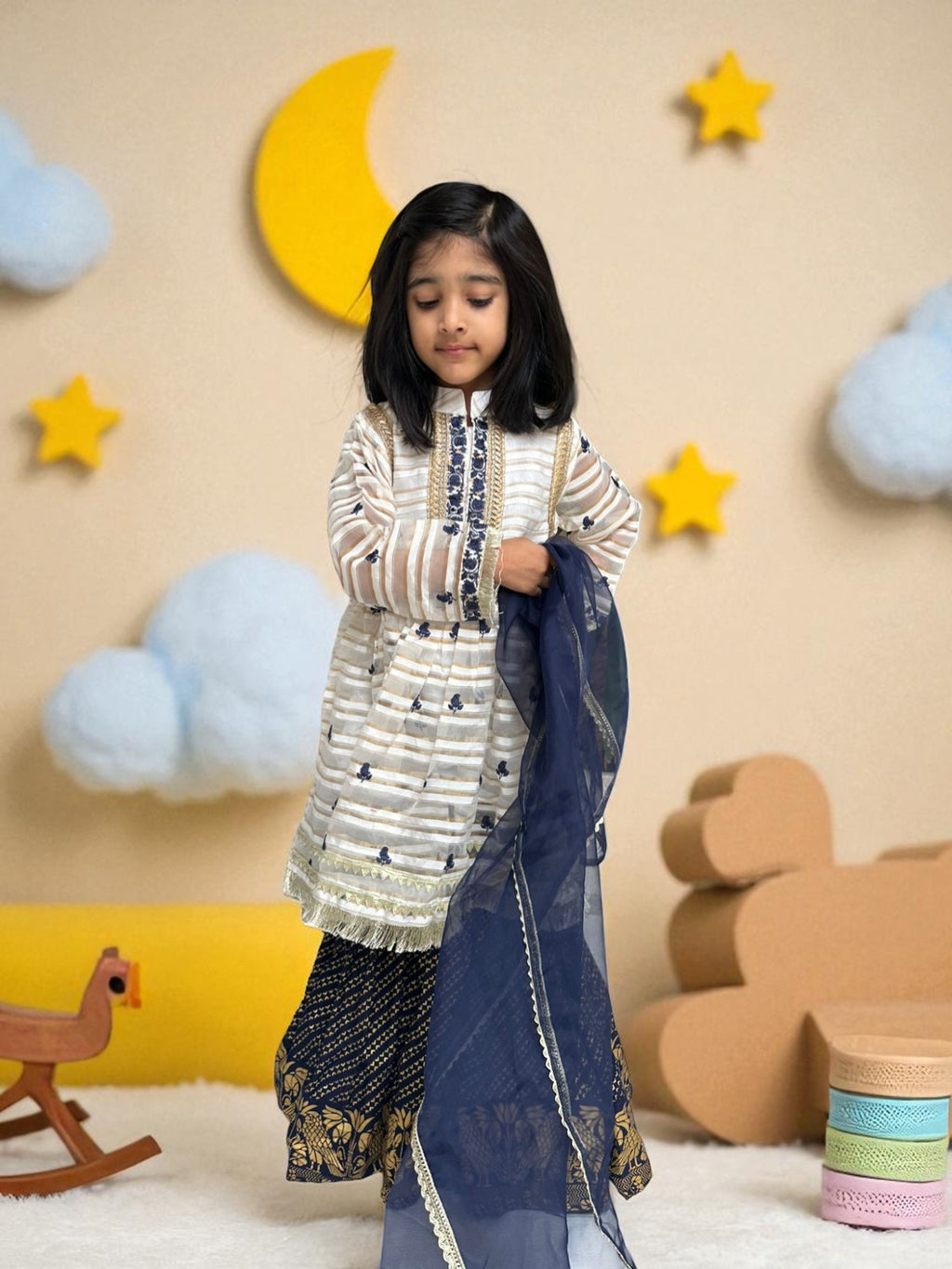 Navy Block Print Gharara 3 Piece Suit | Kids | KZ019