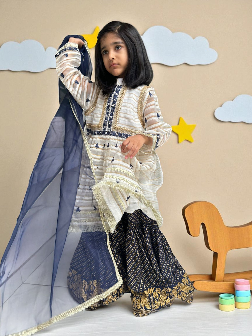 Navy Block Print Gharara 3 Piece Suit | Kids | KZ019