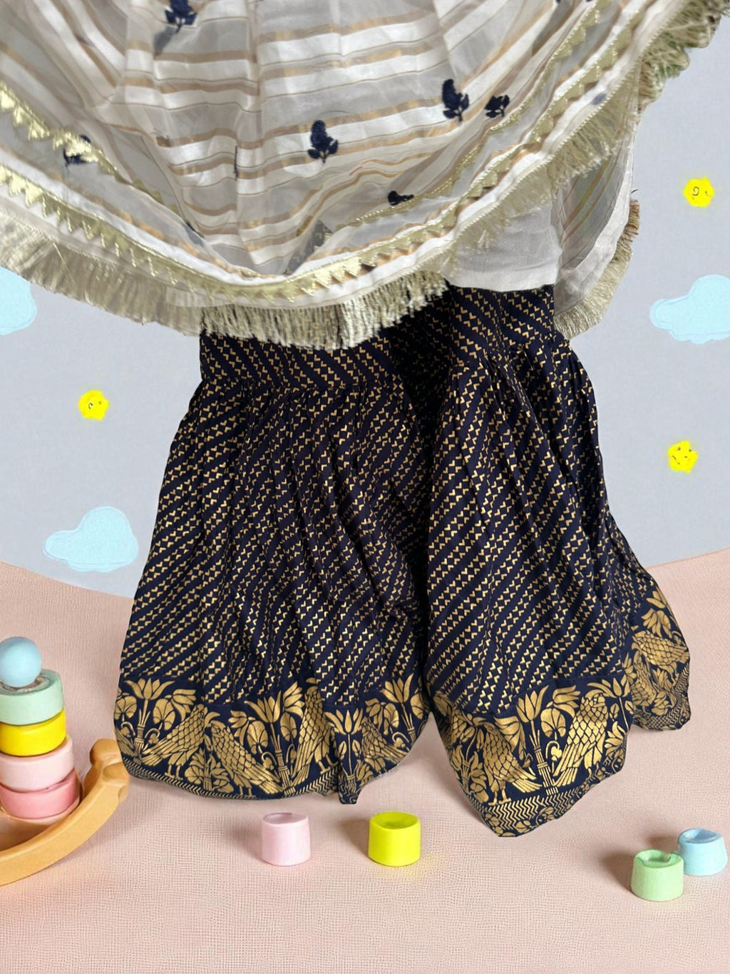 Navy Block Print Gharara 3 Piece Suit | Kids | KZ019