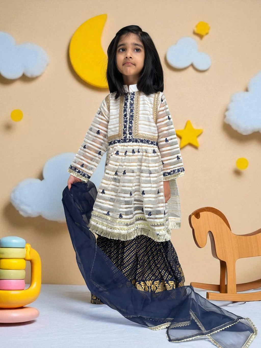 Navy Block Print Gharara 3 Piece Suit | Kids | KZ019