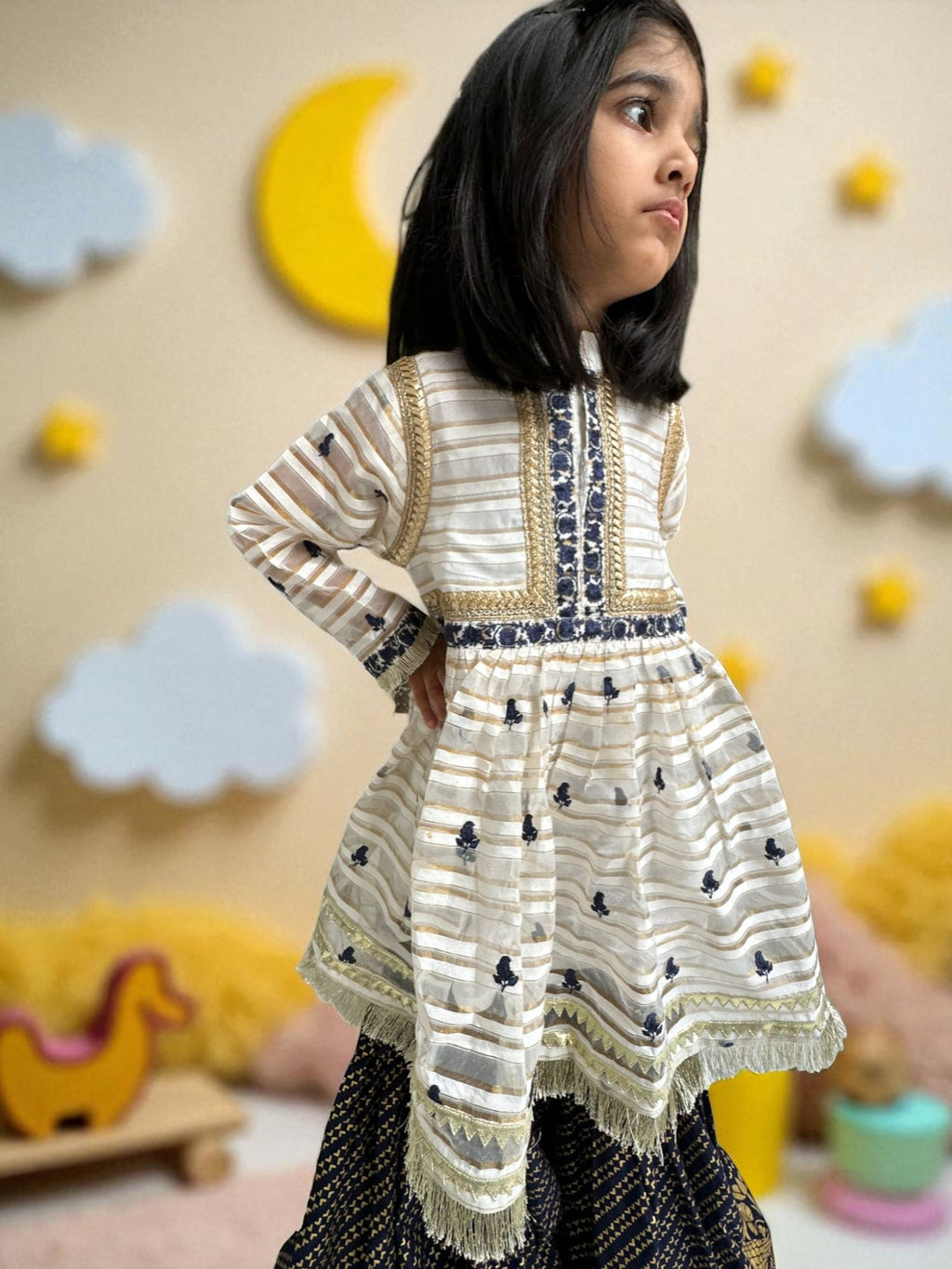 Navy Block Print Gharara 3 Piece Suit | Kids | KZ019