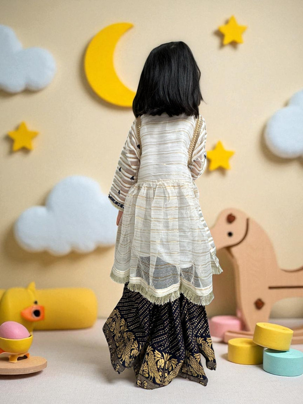 Navy Block Print Gharara 3 Piece Suit | Kids | KZ019
