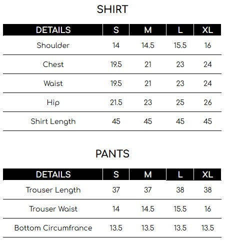 Size chart for Black Embroidered 2 Piece Suit | Izel | Kafiyat