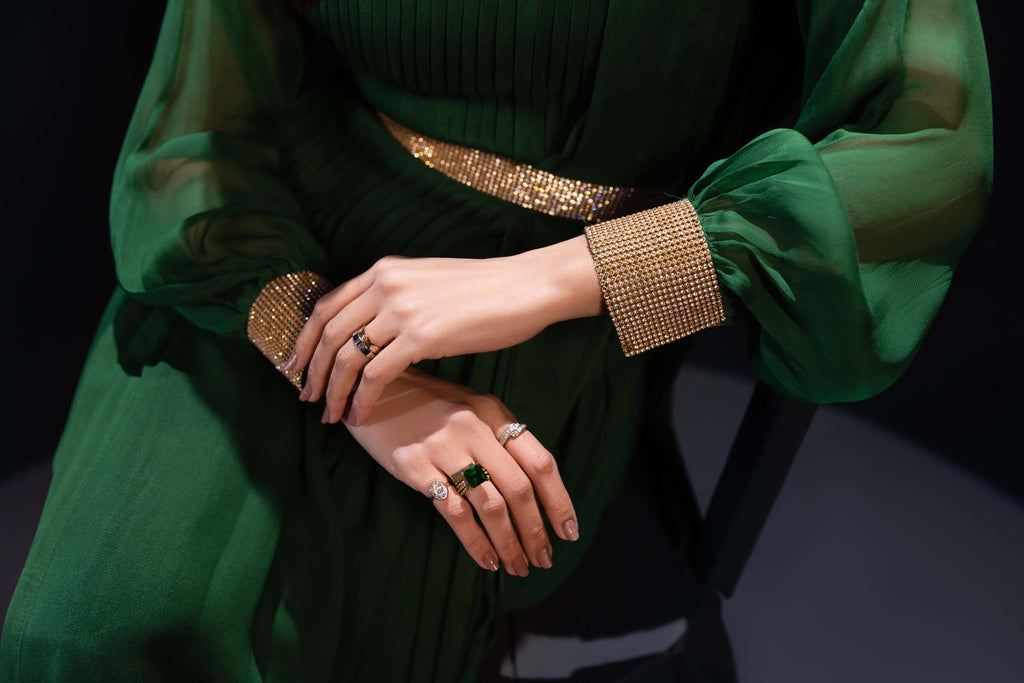 Green Maxi Dress 3 Piece Suit with Gold Detailing | Enchanté | Kai