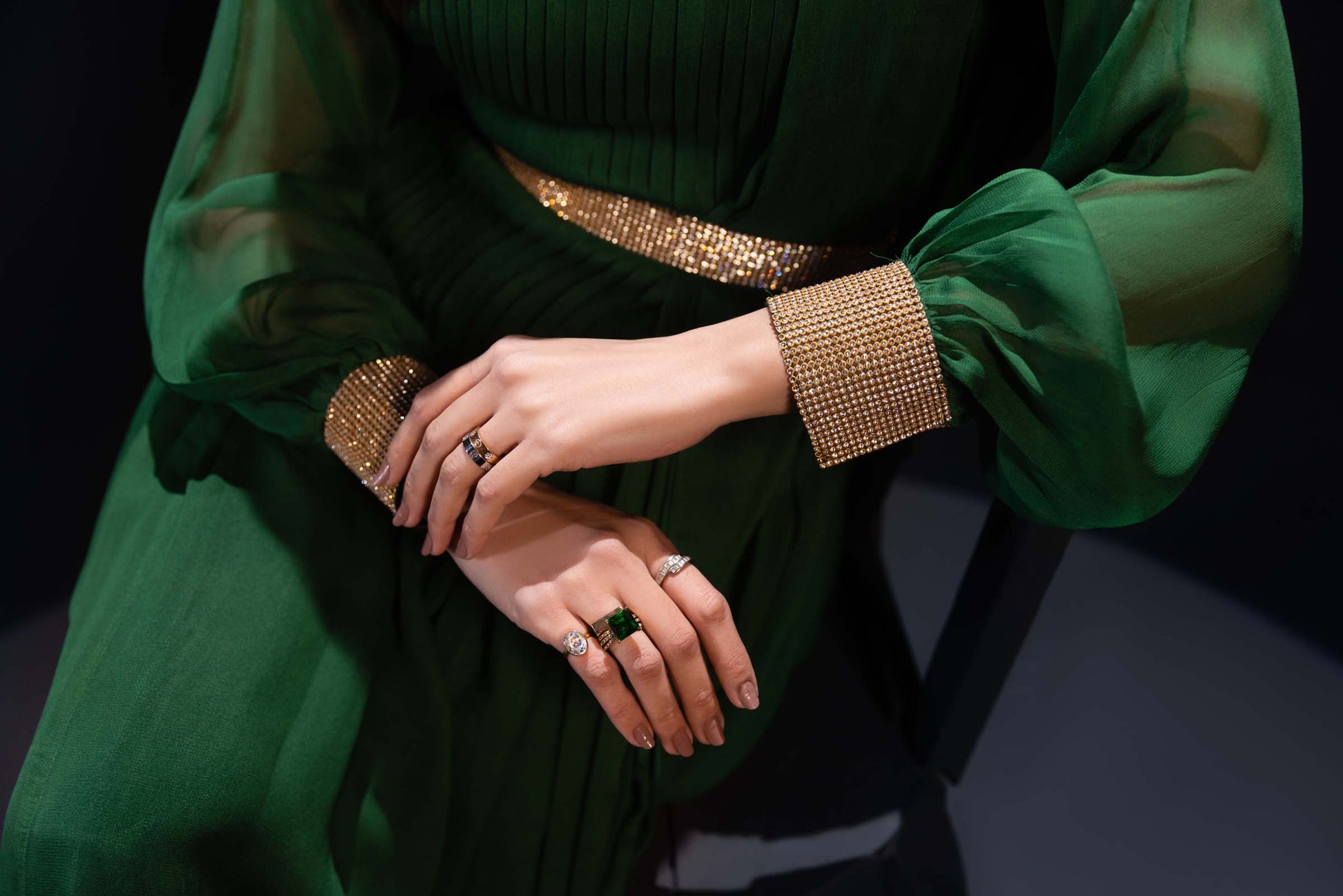 Green Maxi Dress 3 Piece Suit with Gold Detailing | Enchanté | Kai
