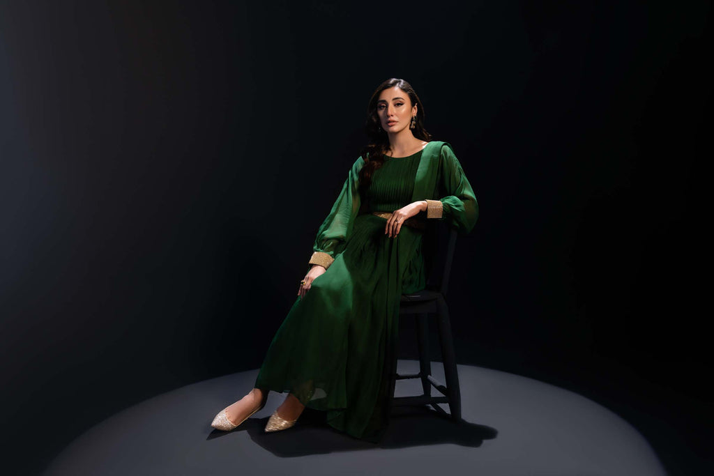 Green Maxi Dress 3 Piece Suit with Gold Detailing | Enchanté | Kai