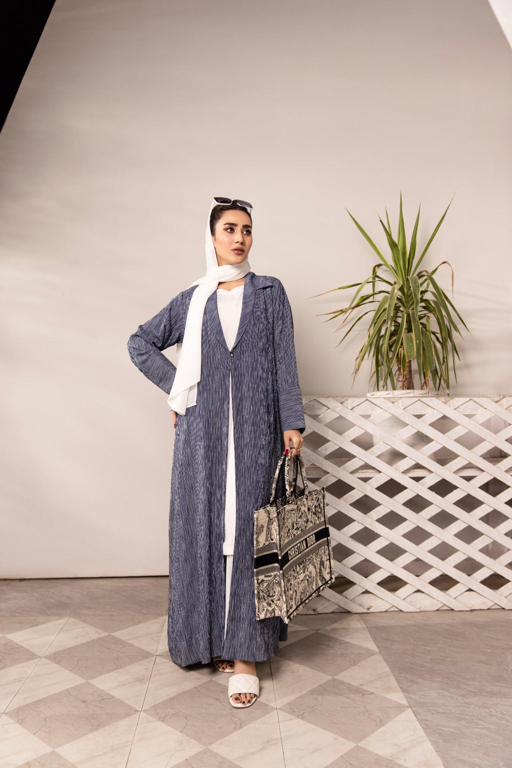 Blue textured kimono abaya with white inner and matching scarf – 3 piece modest set by SK Designs