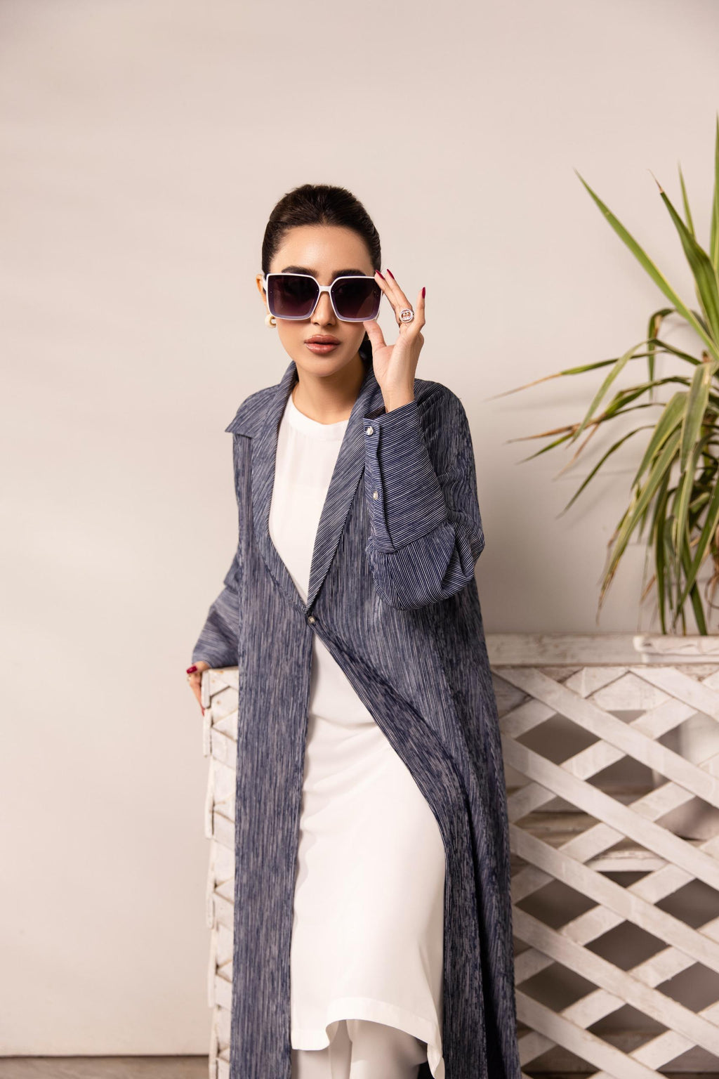 Blue textured kimono abaya with white inner and matching scarf – 3 piece modest set by SK Designs