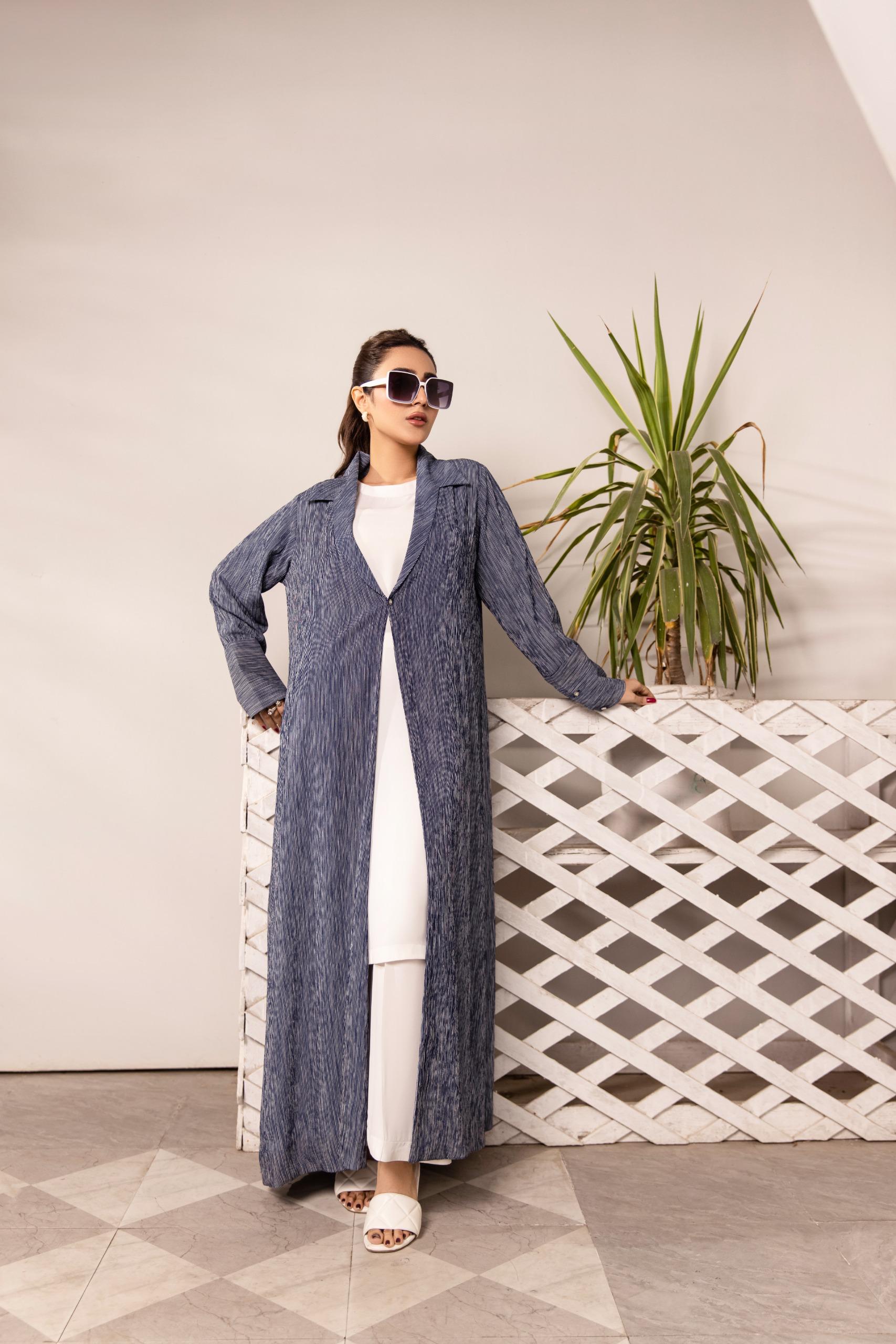 Blue textured kimono abaya with white inner and matching scarf – 3 piece modest set by SK Designs