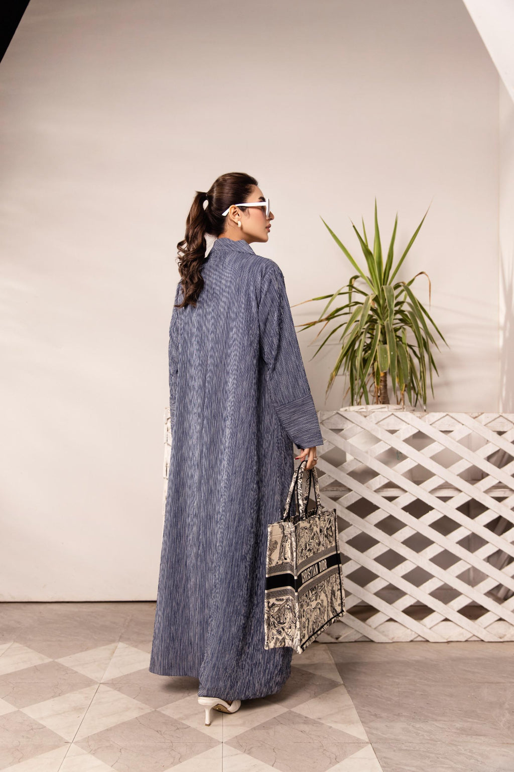 Blue textured kimono abaya with white inner and matching scarf – 3 piece modest set by SK Designs