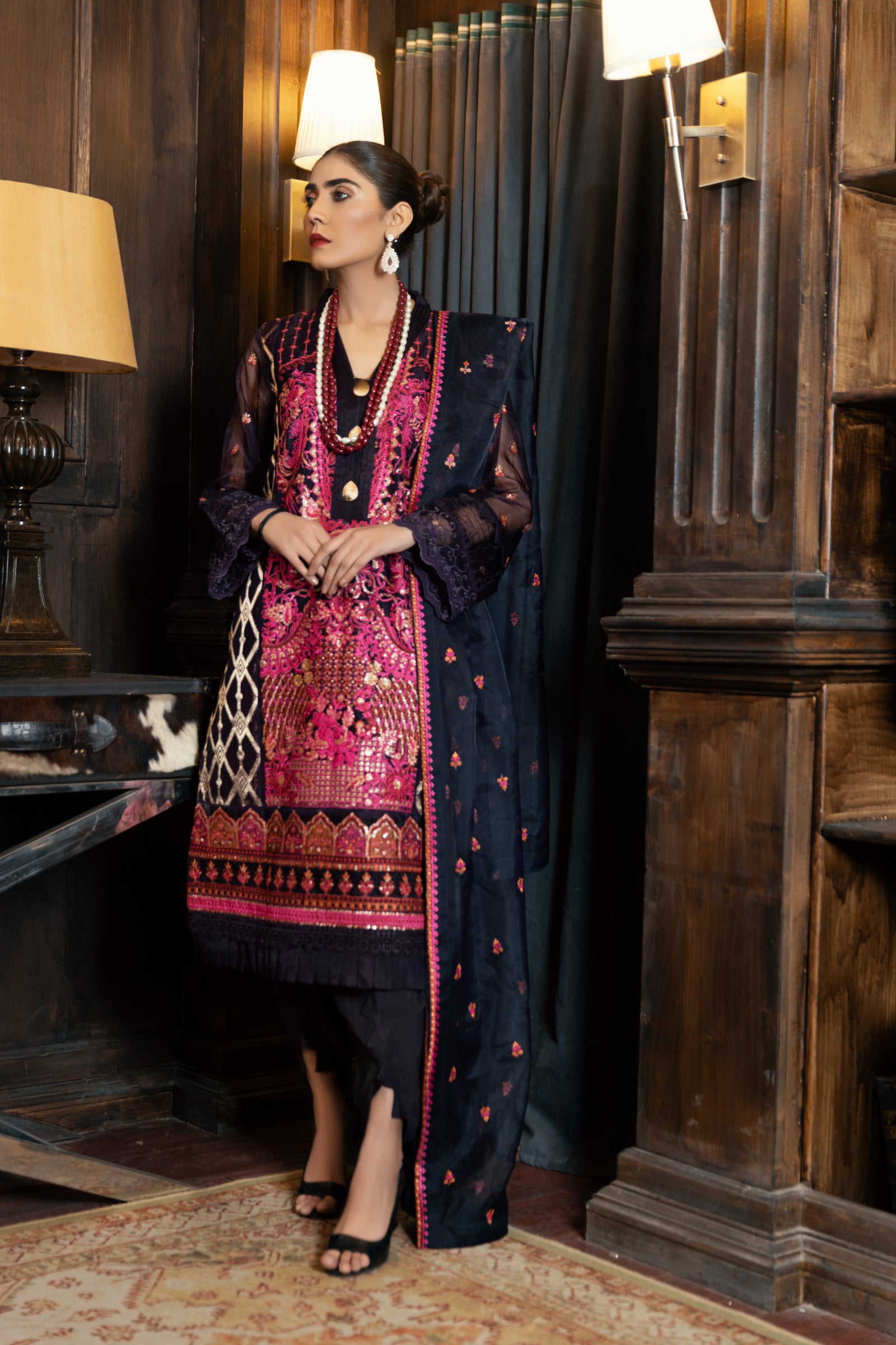 Magenta Embroidered 3 Piece Suit | ZUN | Laila