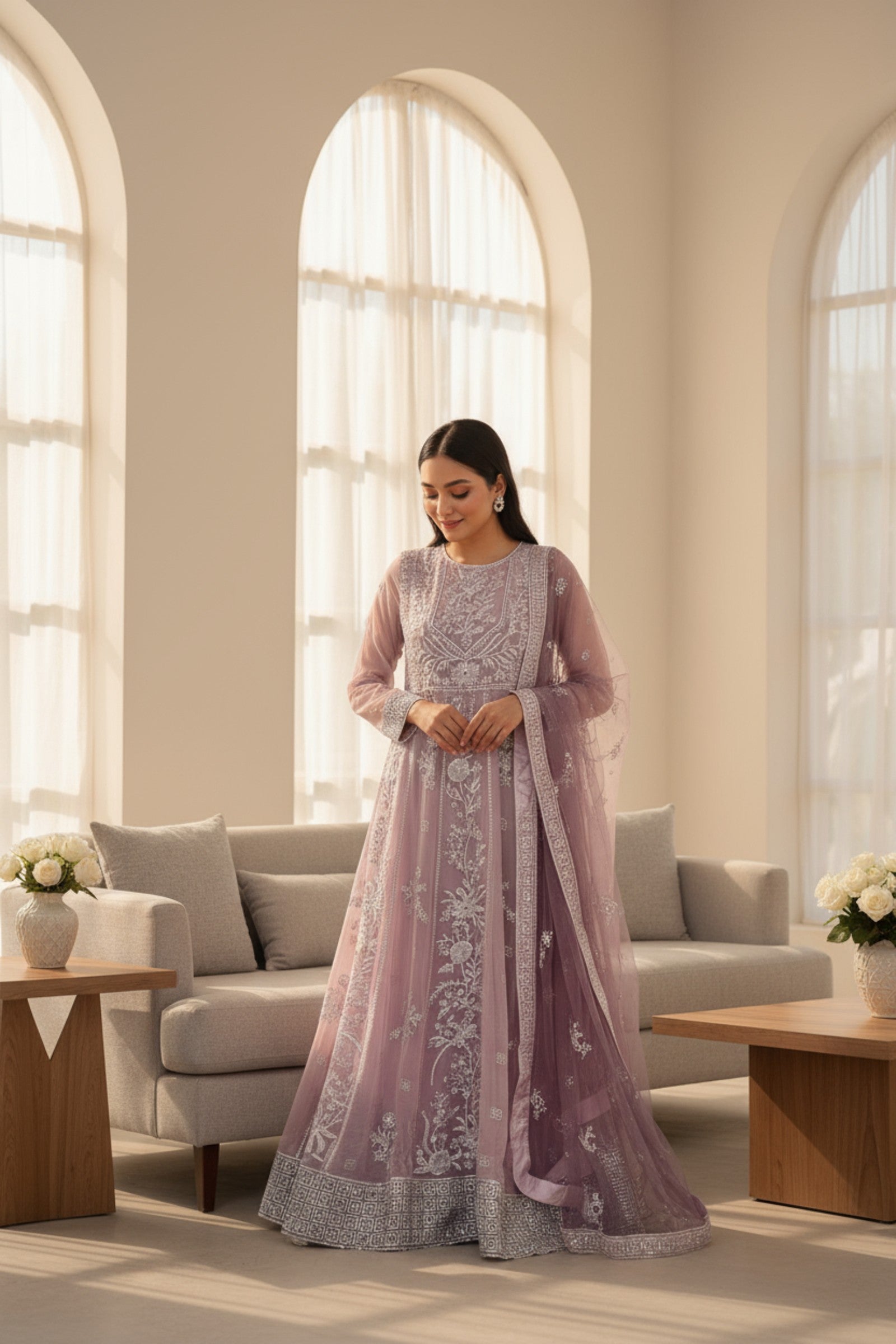 Lilac Embroidered 3 Piece Long Dress | Nura | Liyana