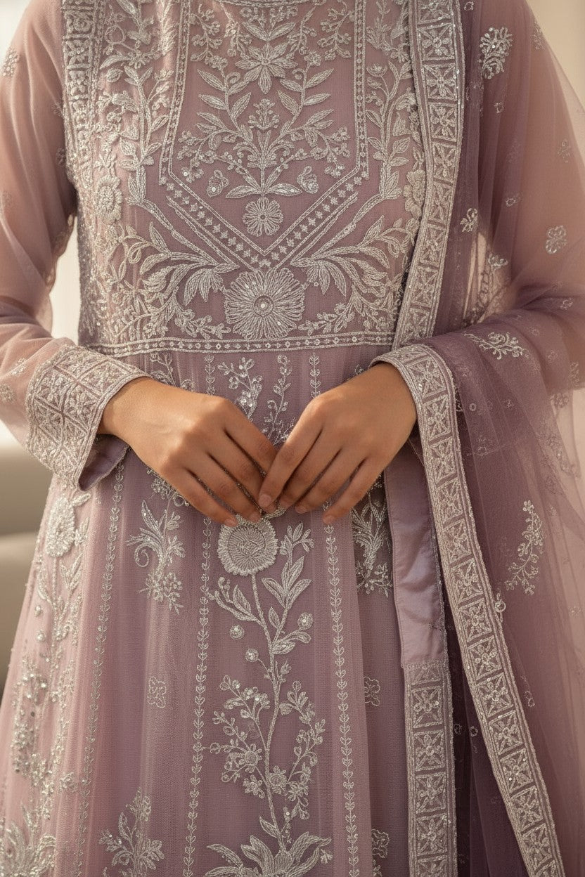 Lilac Embroidered 3 Piece Long Dress | Nura | Liyana