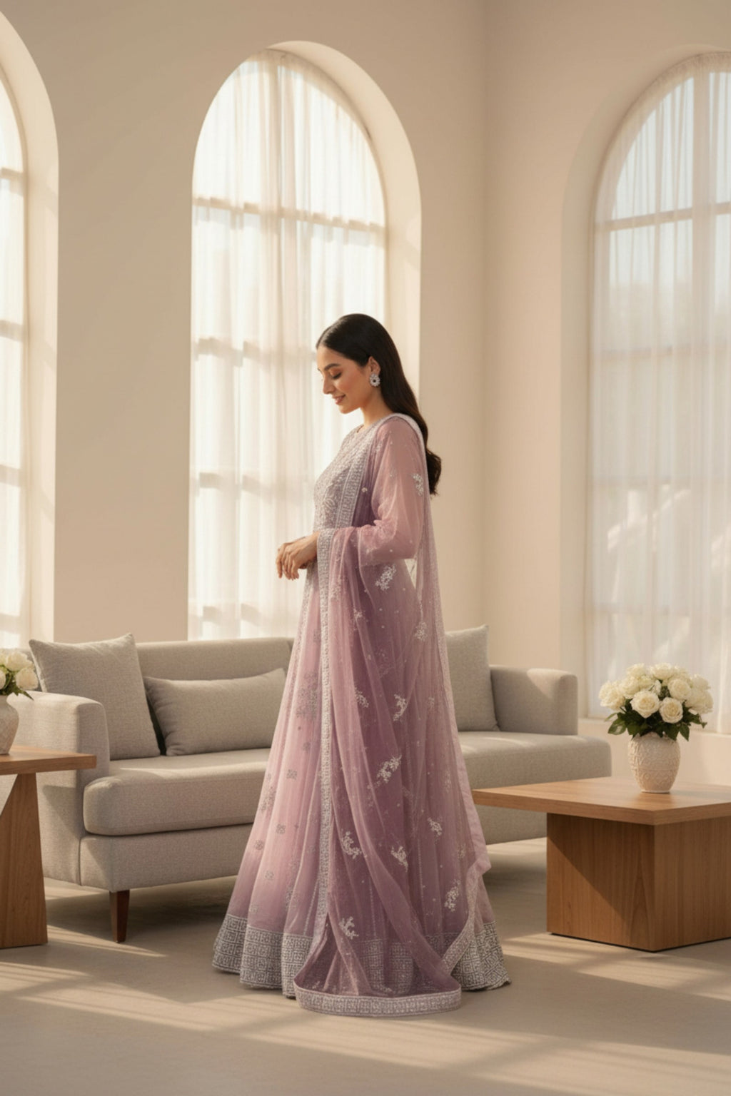 Lilac Embroidered 3 Piece Long Dress | Nura | Liyana