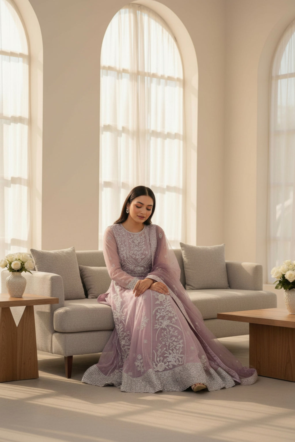 Lilac Embroidered 3 Piece Long Dress | Nura | Liyana