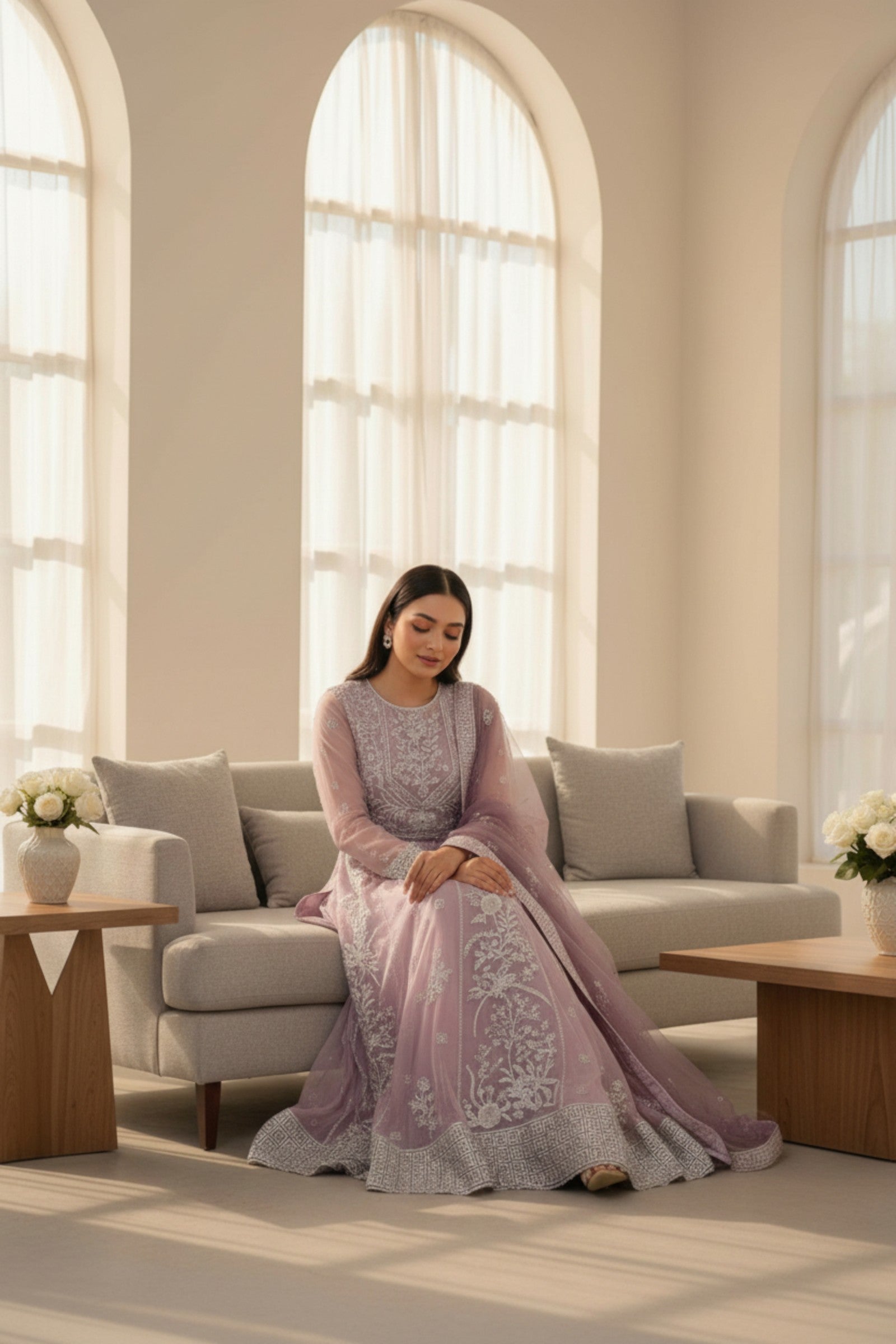 Lilac Embroidered 3 Piece Long Dress | Nura | Liyana