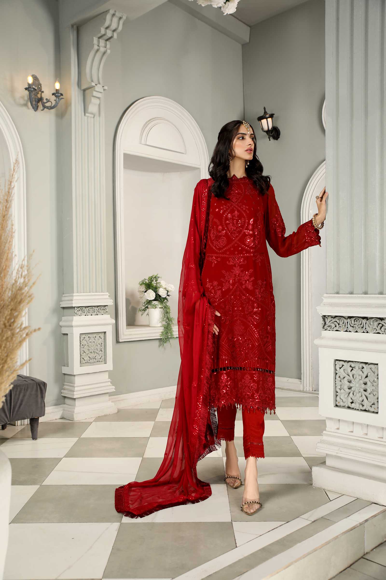 Red Embroidered Chiffon 3 Piece Suit | Maan Mayal | Maahru