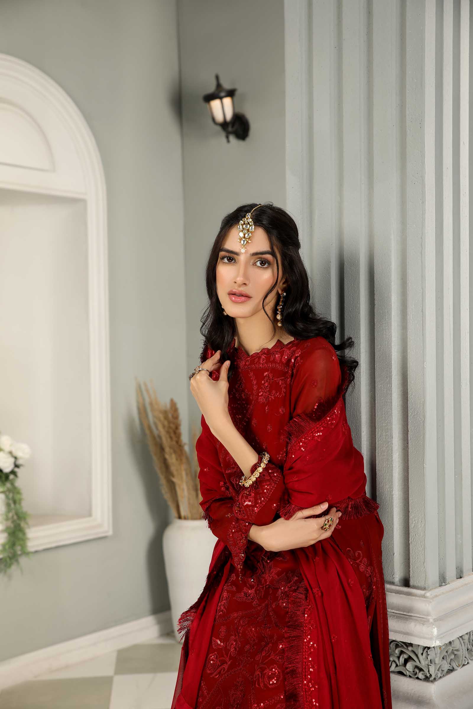 Red Embroidered Chiffon 3 Piece Suit | Maan Mayal | Maahru