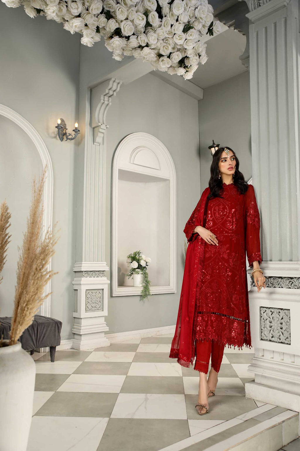 Red Embroidered Chiffon 3 Piece Suit | Maan Mayal | Maahru