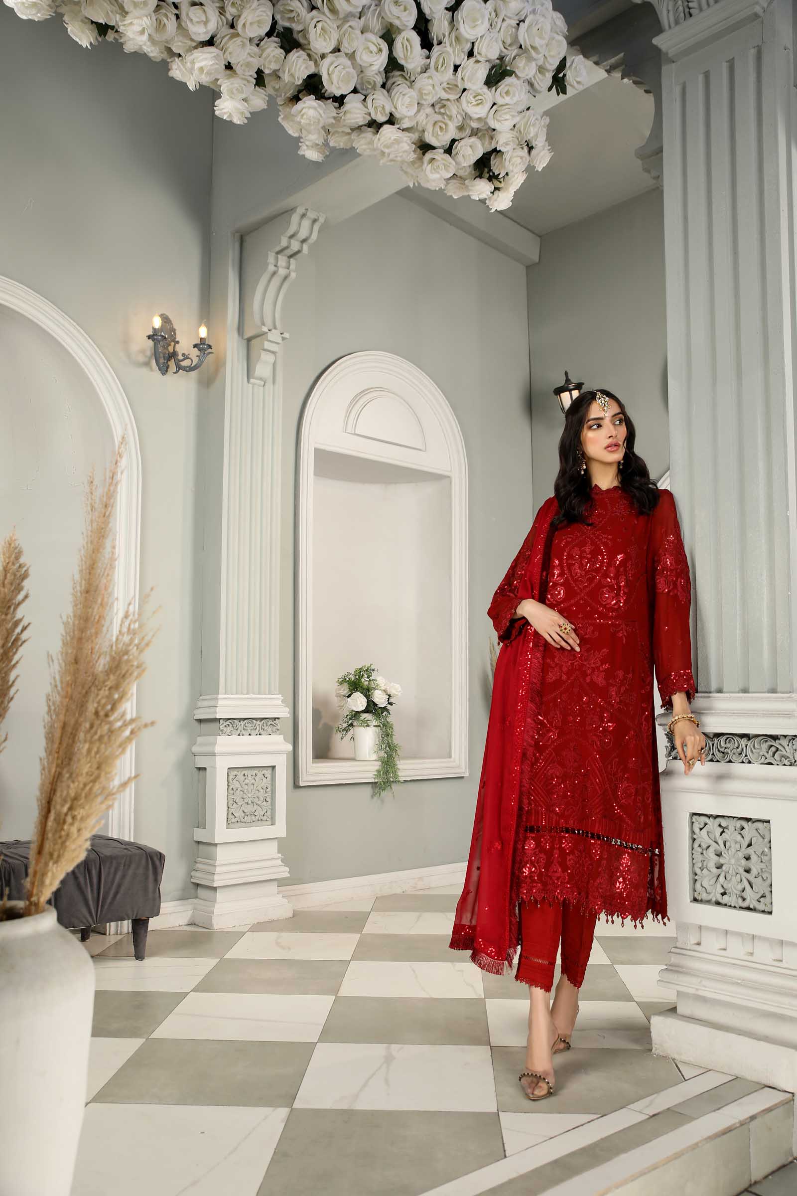 Red Embroidered Chiffon 3 Piece Suit | Maan Mayal | Maahru