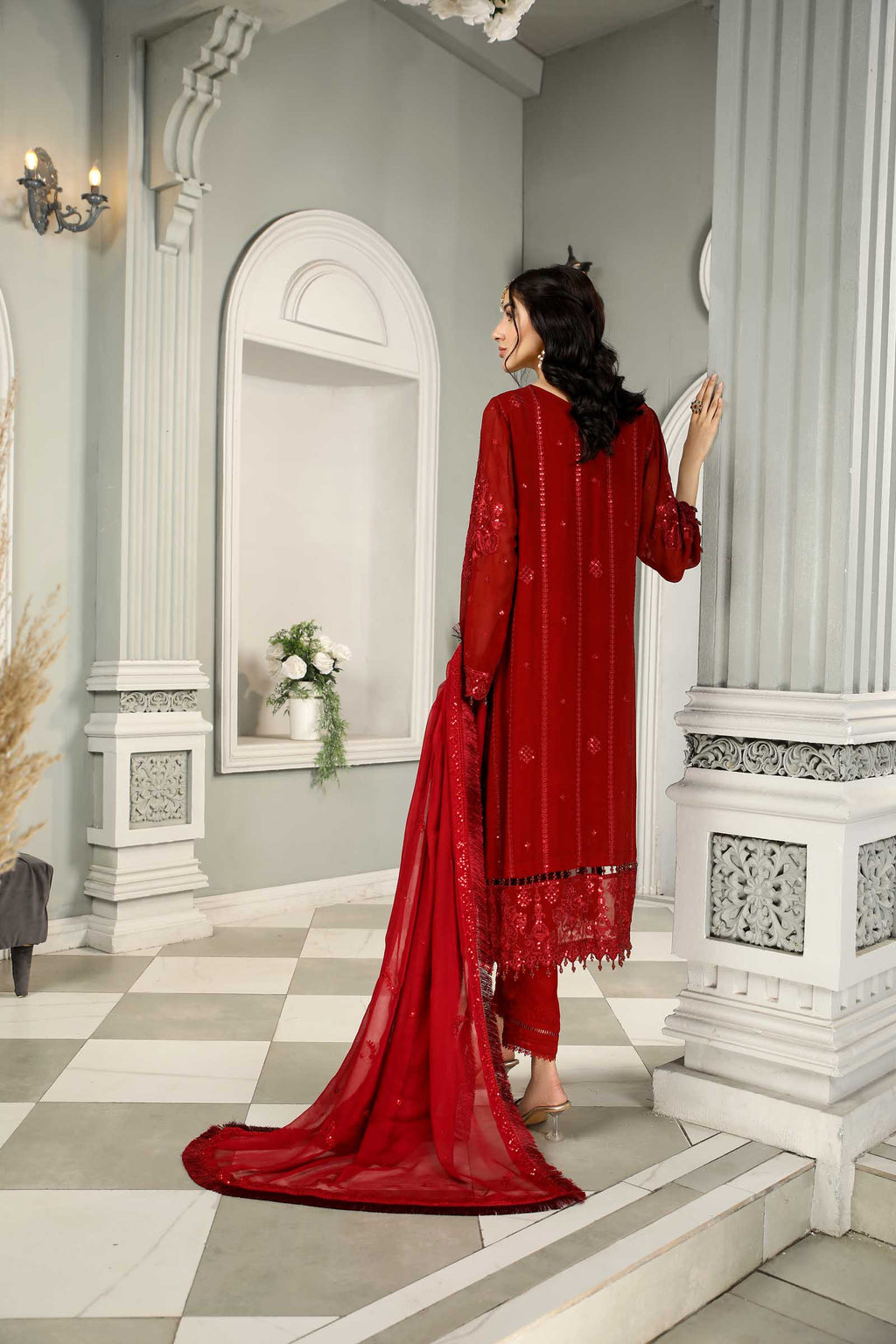 Red Embroidered Chiffon 3 Piece Suit | Maan Mayal | Maahru