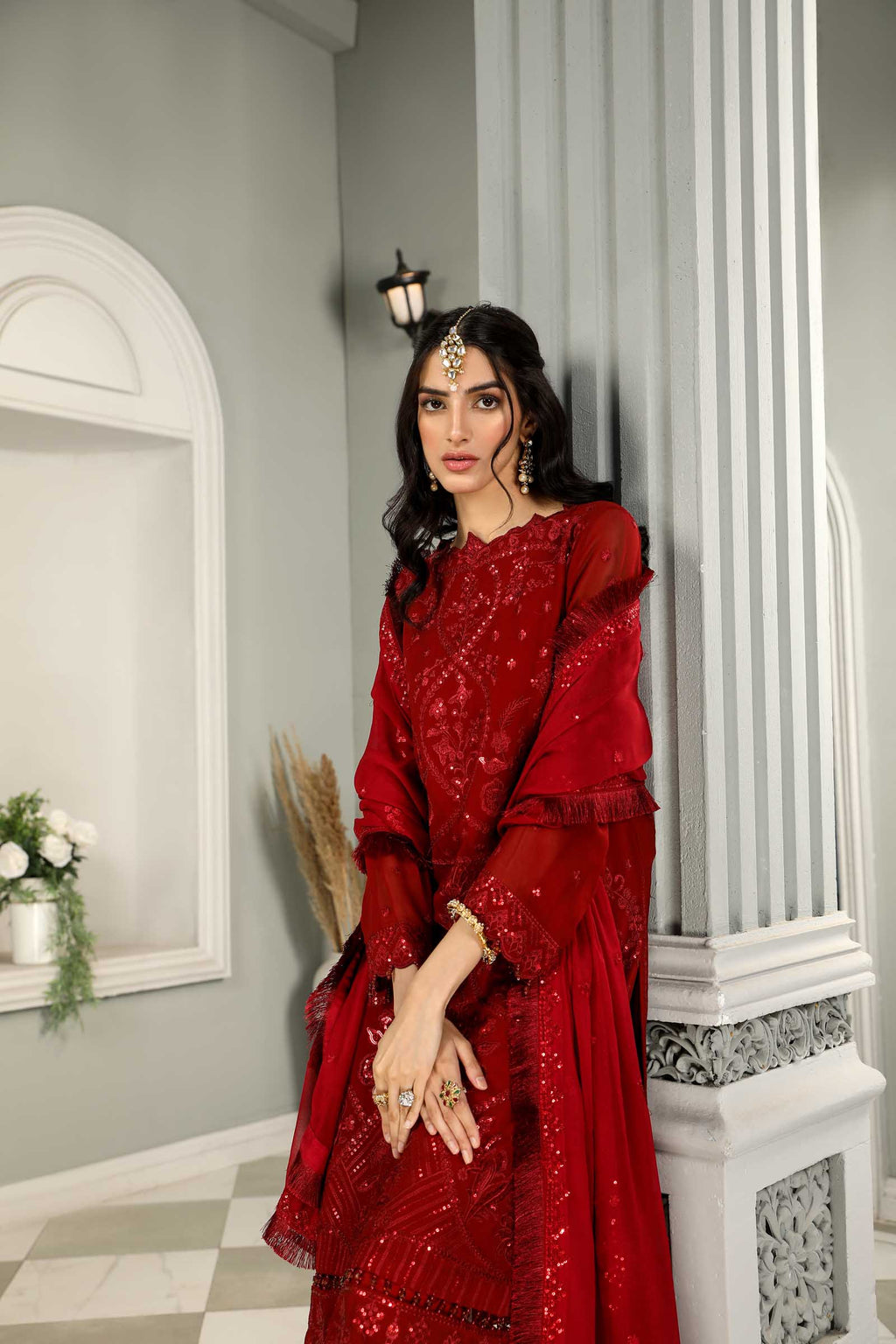 Red Embroidered Chiffon 3 Piece Suit | Maan Mayal | Maahru