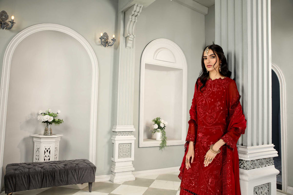 Red Embroidered Chiffon 3 Piece Suit | Maan Mayal | Maahru